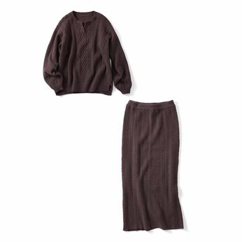 Real Stock | くぼっち 上品 ケーブル編み ニット トップス スカート セットアップ ブラウン 茶