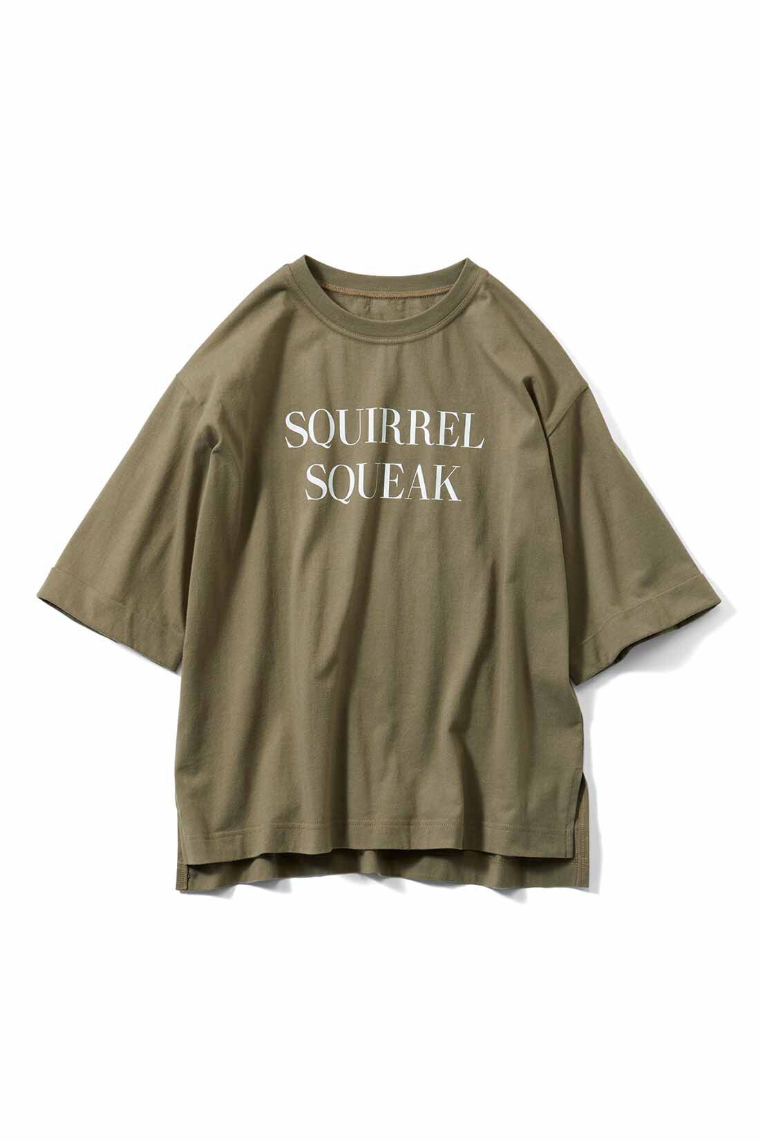 Real Stock|【3～10日でお届け】リブ イン コンフォート&times;500色の色えんぴつコラボ トルコオーガニックコットン五分袖Tシャツ〈カーキ〉|〈カーキ〉SQUIRREL SQUEAK　リスたちのガールズトーク色
