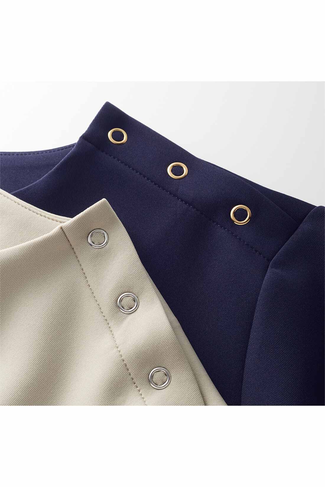 Real Stock|IEDIT[イディット]　ペプラムヘムで着映えする つや感ダンボールカットソーチュニック〈ブラック〉|左肩にきらり、3つ並んだシルバーやゴールドのリングドットボタンがアクセント。お届けするカラーとは異なります。