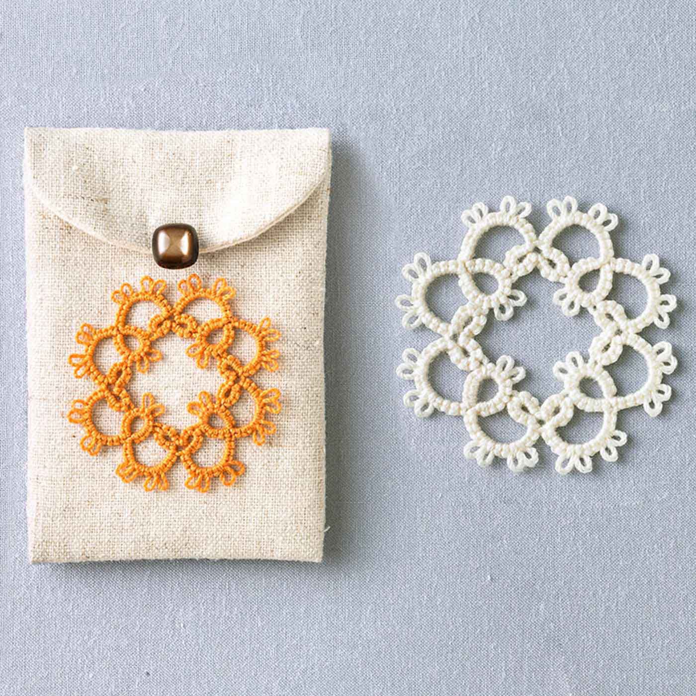 Real Stock|シャトルを優雅にあやつる日をめざして　タティングレース ステップアップレッスン|2：シャトルケース　シャトルに手が慣れるように、基本モチーフの編み方を糸の太さを替えて繰り返しレッスン。　縦約8cm、横約5cm