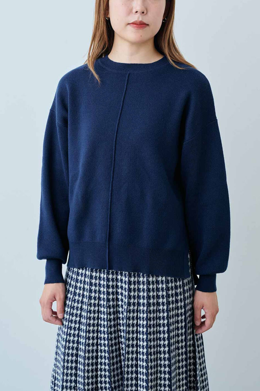 Real Stock|IEDIT[イディット]　着まわし便利な ニットトップス＆ジャカードスカートのベストバランスセット〈ネイビー〉