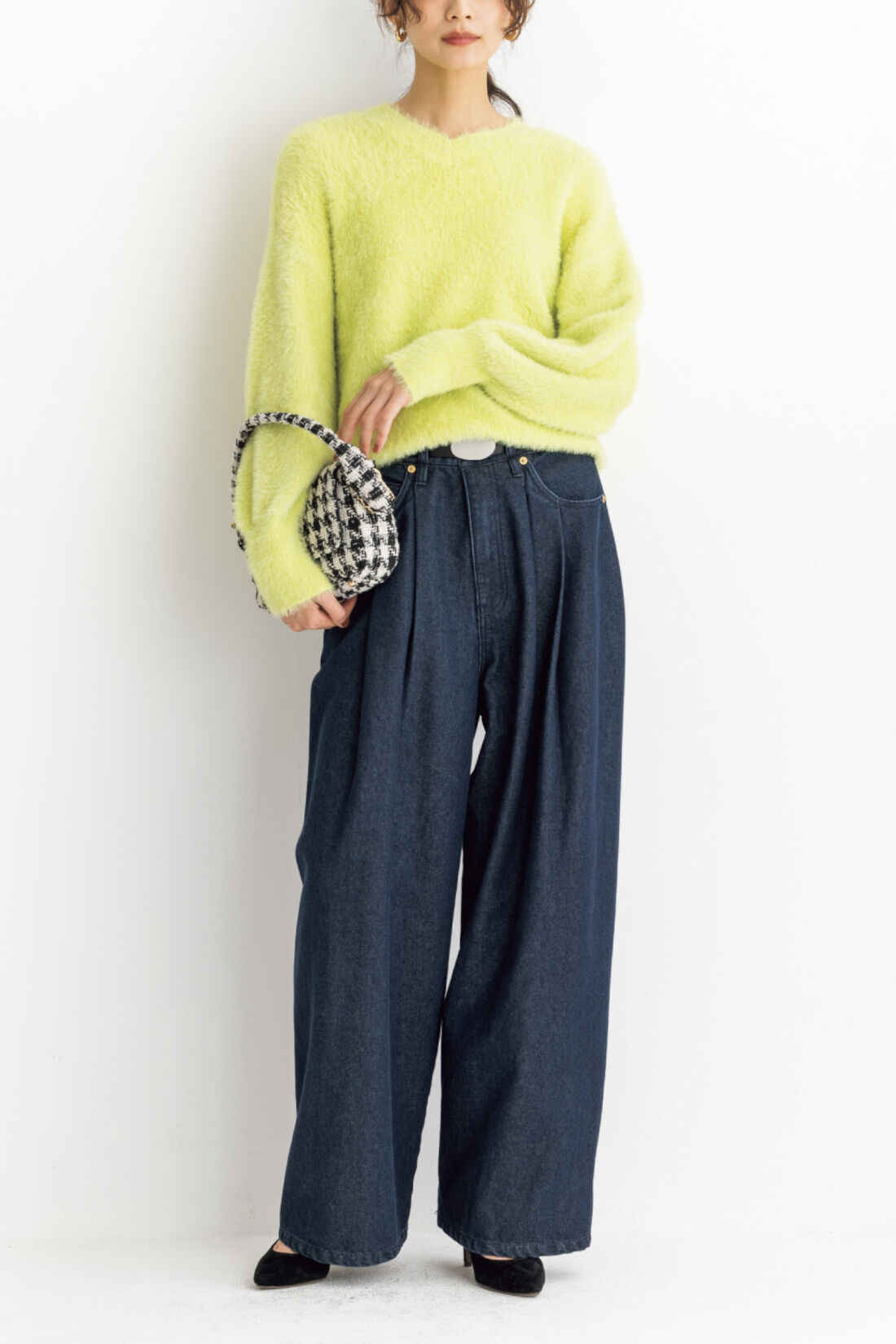 Real Stock|IEDIT[イディット]　ヘアリーシャギー素材のスパークルニット〈ライムイエロー〉