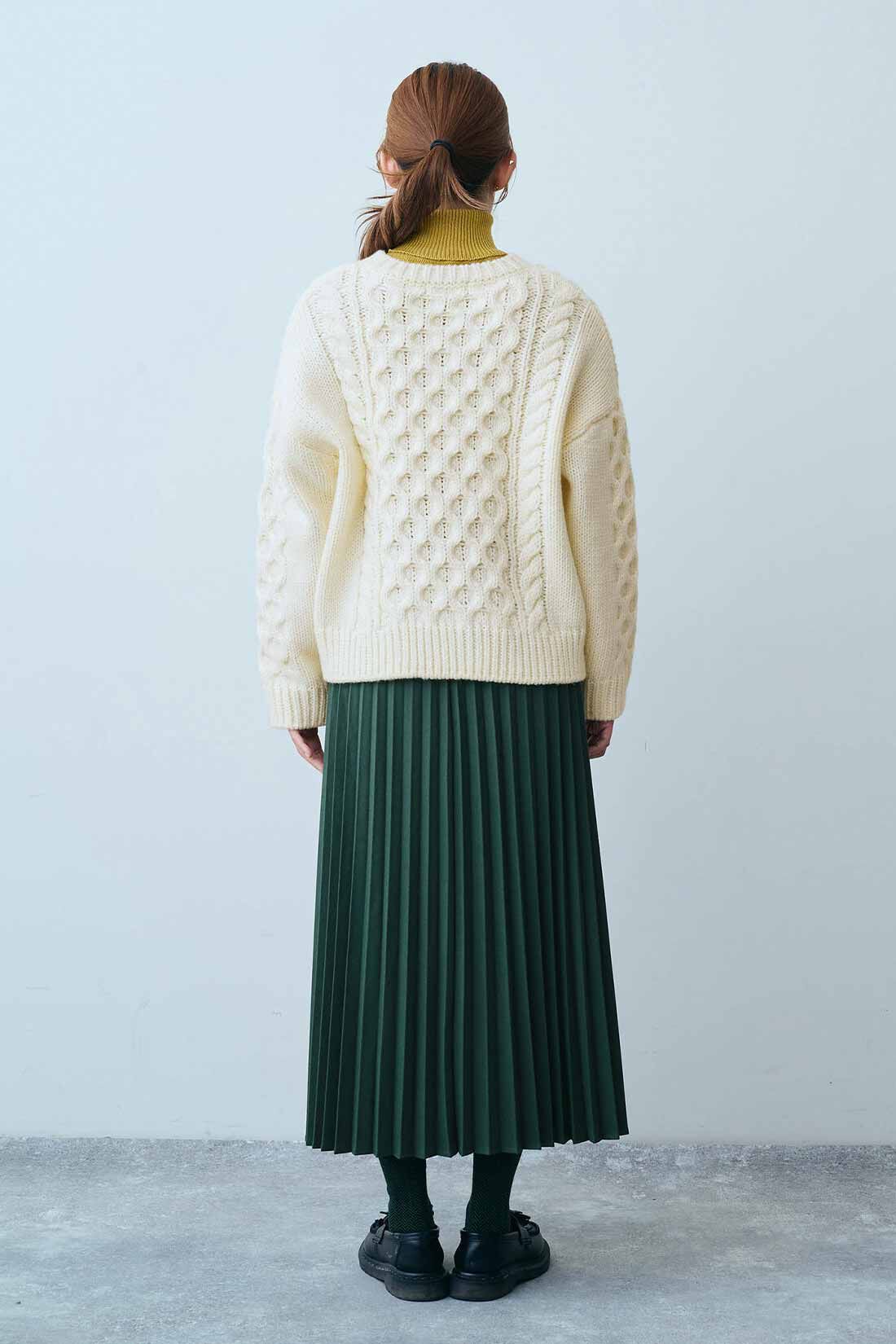 Real Stock|THREE FIFTY STANDARD　ケーブルニットカーディガン〈アイボリー〉|モデル身長：165cm　着用サイズ：M