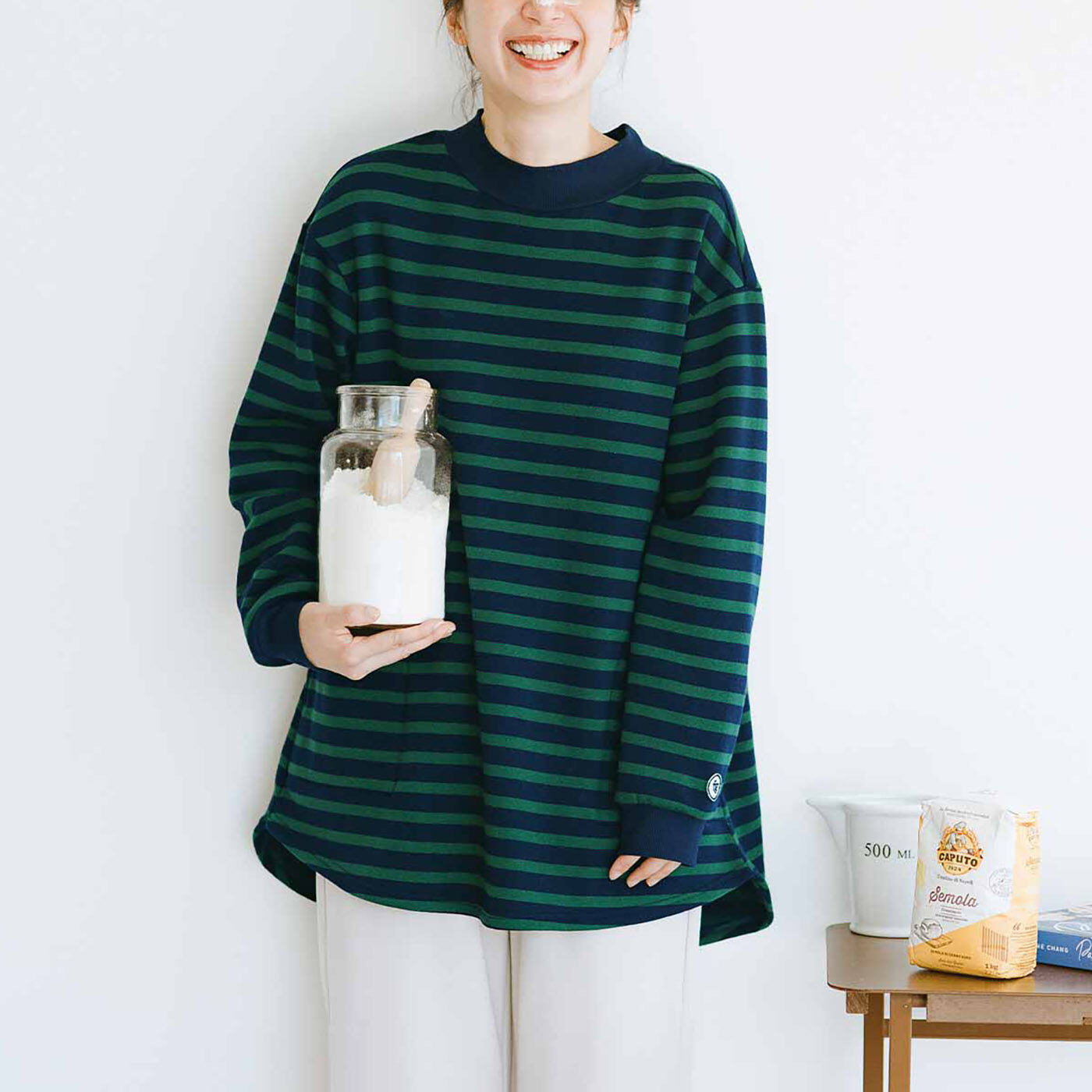 Real Stock|フラウグラット　シックな大人色ボーダーの かるホカ裏起毛ひらりチュニック〈グリーン×ダークネイビー〉