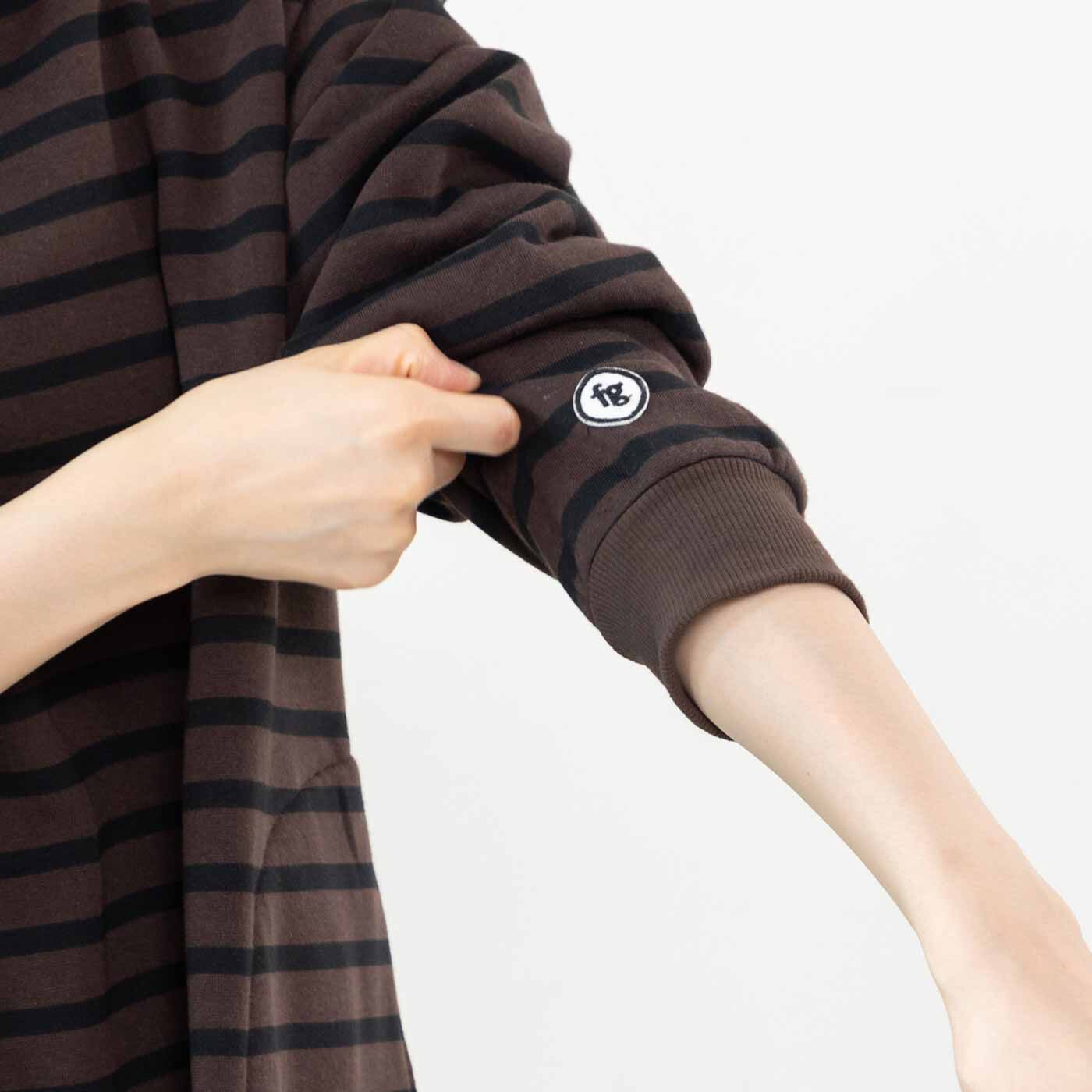 Real Stock|フラウグラット　シックな大人色ボーダーの かるホカ裏起毛ひらりチュニック〈グリーン×ダークネイビー〉|【すき間風ガード】袖はプッシュアップしやすく、風を防ぐリブ仕様。　※お届けするカラーとは異なります。