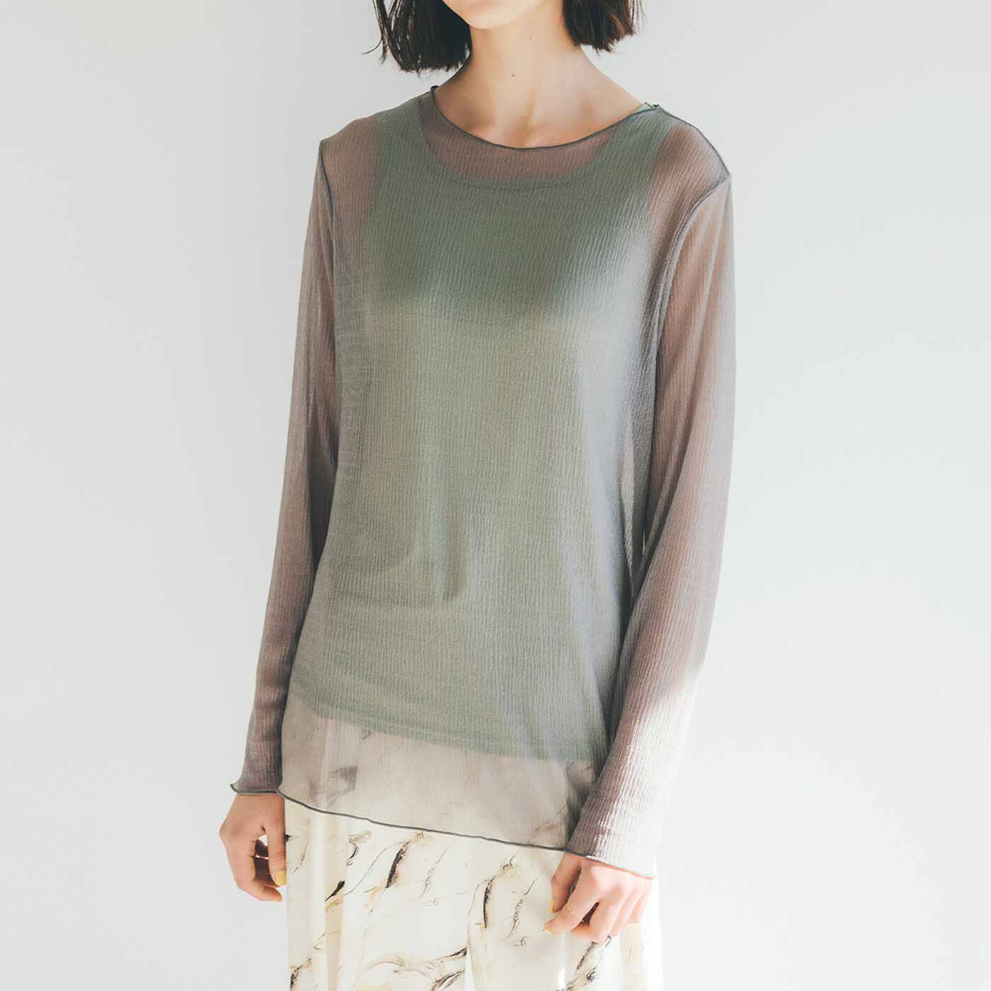 Real Stock|陽射（ひざ）しが織りなす陰影 コーデがこなれるシアートップス＆ブラインナーセット〈グレー×オリーブ〉|重ね着を楽しめる、トップスとブラインナーのセット。