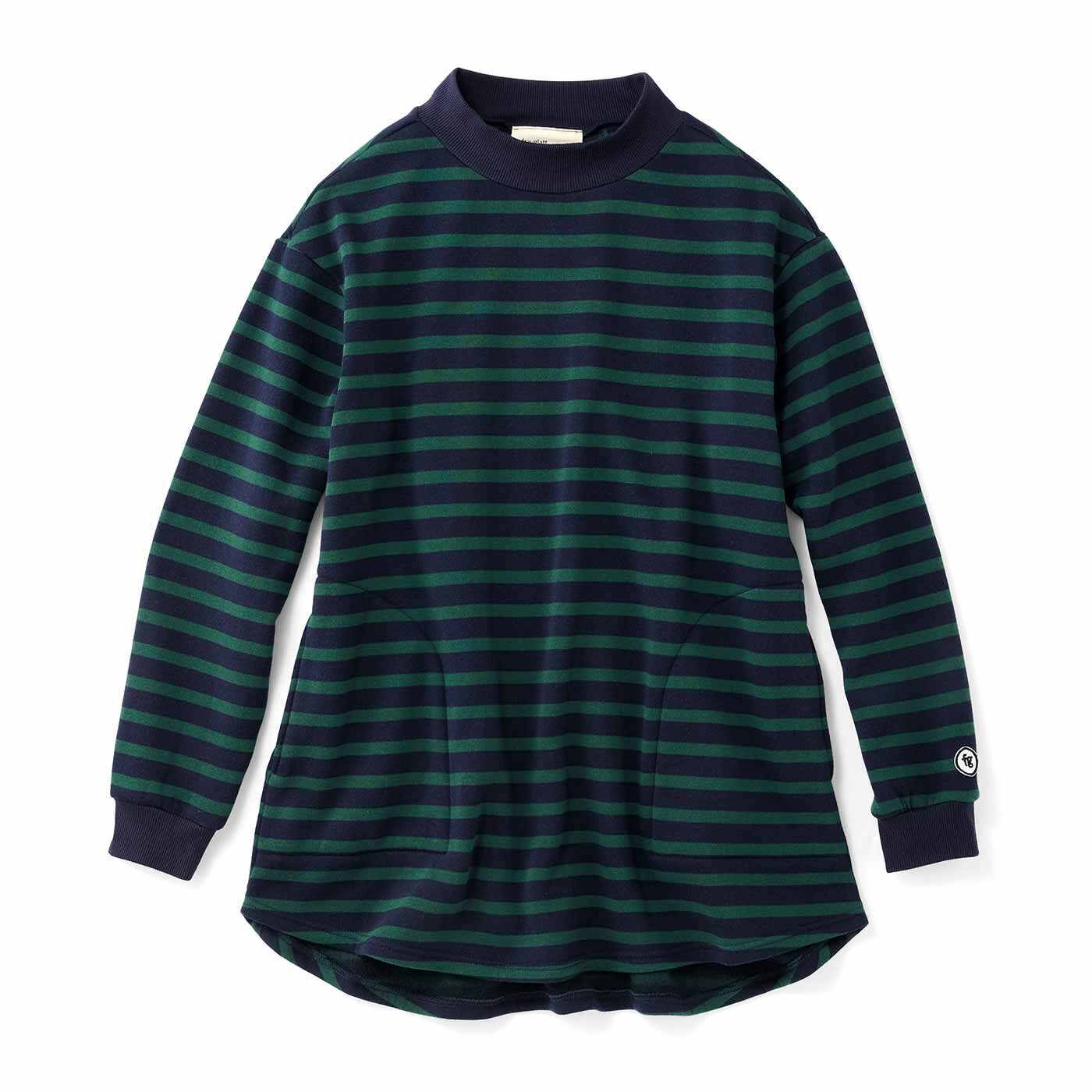 Real Stock|フラウグラット　シックな大人色ボーダーの かるホカ裏起毛ひらりチュニック〈グリーン×ダークネイビー〉|〈グリーン×ダークネイビー〉