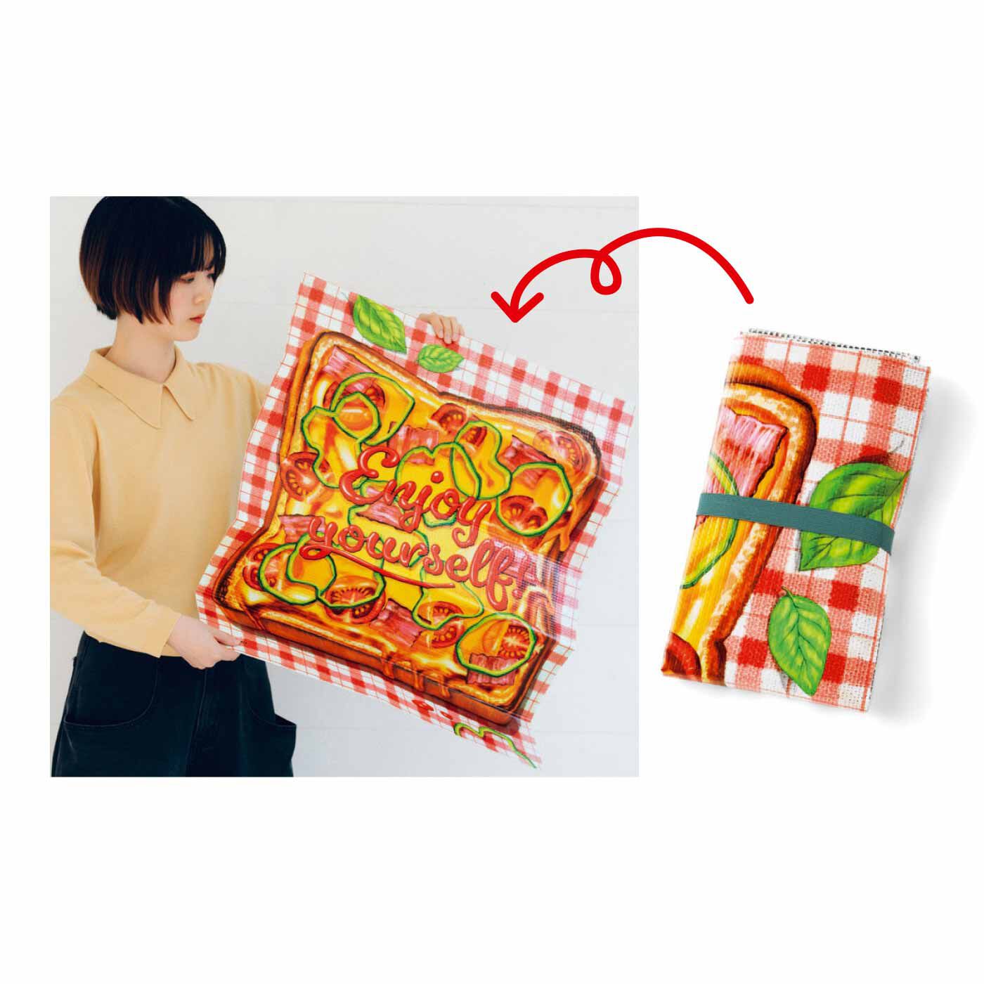 フェリシモメリー|お外でおいしい ふんわりトーストマット〈1人前〉〈クロックマダム〉|広げやすい　じゃばら折りで、ゴムベルトを外せば、さっと片手で広げられ、使用後、折りたたむのもらくちんです。　※画像は〈ピザトースト〉です。