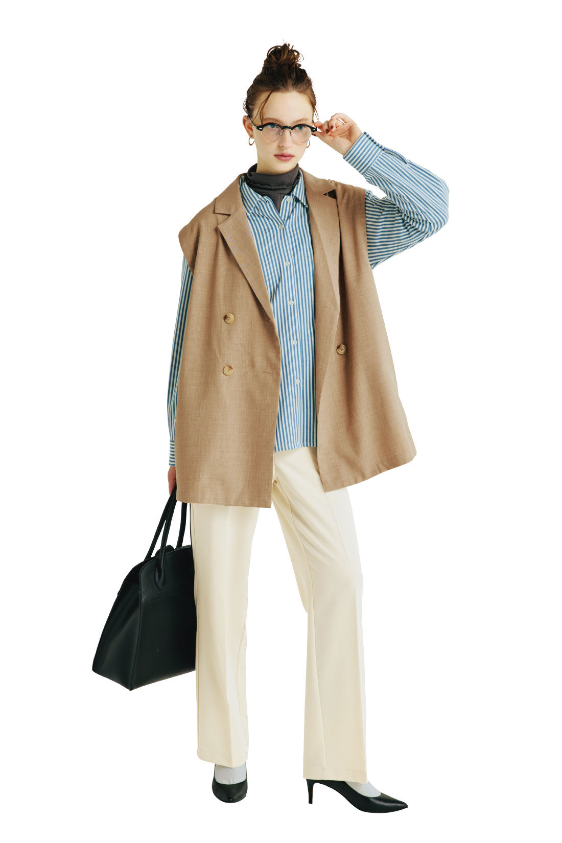 MEDE19F|着心地らくちんな伸びるシャツ　リブインときちんと大人のダブルベスト〈ＢＥ〉リブインのコーディネート