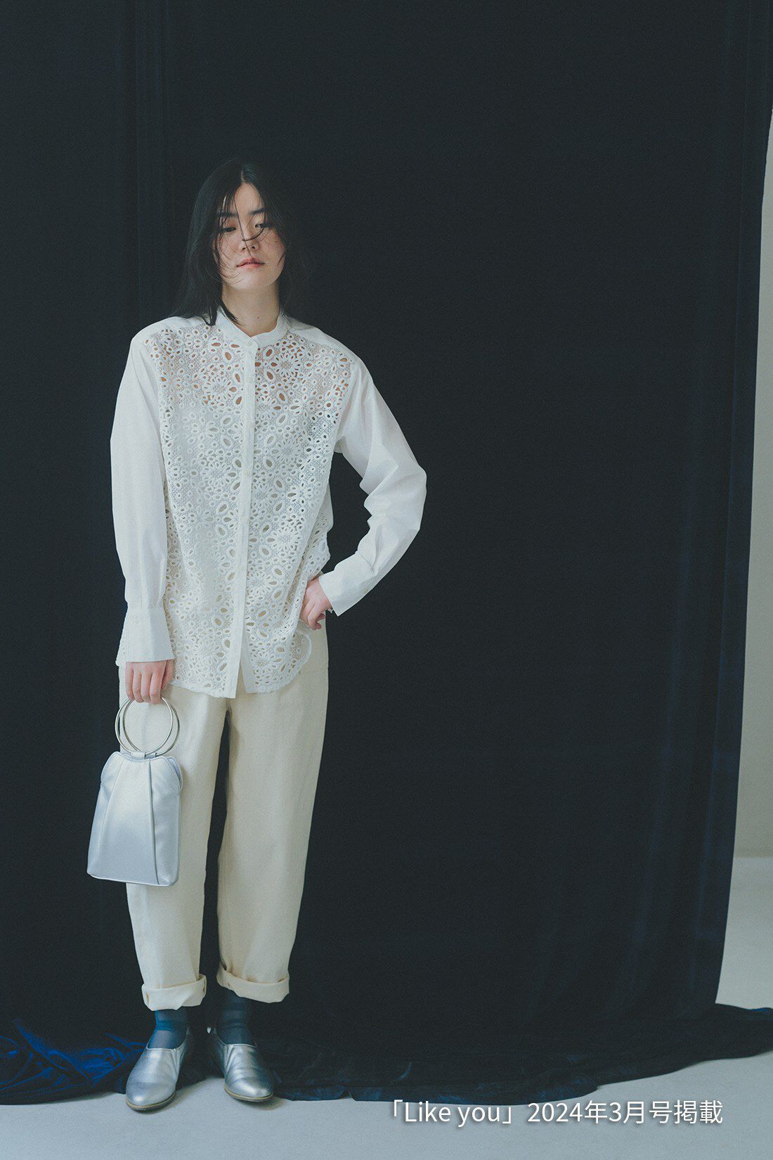 Live in  comfort|バンドカラーレースコンビシャツ〈ホワイト〉のコーディネート