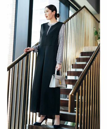 IEDIT［イディット］ | ふくれジャカードトップス＆サロペットの大人の洗練ベストバランスセット〈グレー×ブラック〉