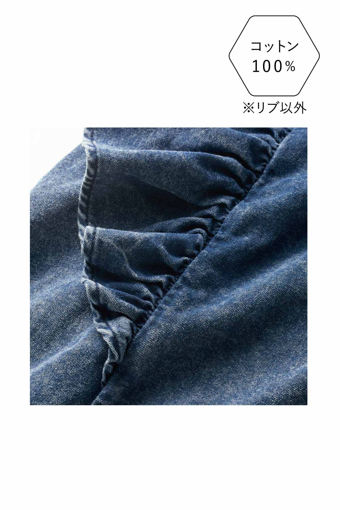 IEDIT［イディット］|IEDIT[イディット]　袖フリルのネックリブデニムプルオーバー|やわらかなデニム素材で着心地よく、フリルの愛らしさも表現。ベーシックなブルーとクールな印象のブラック、2色をそろえました。