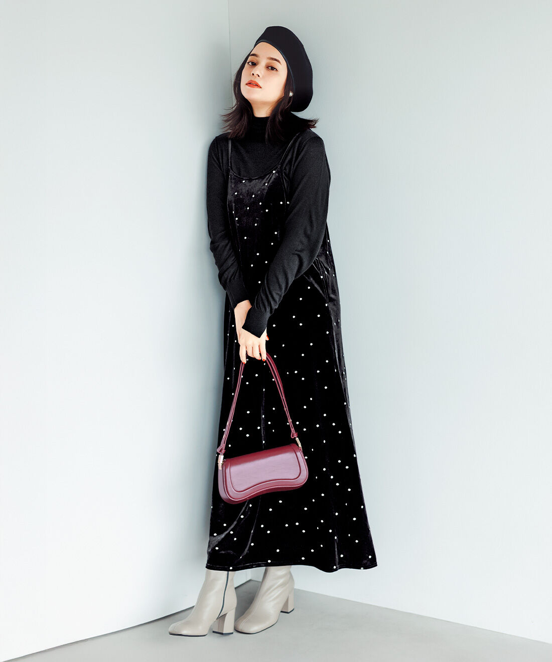 IEDIT|ドットベロアキャミワンピ〈ブラック〉ＩＥのコーディネート