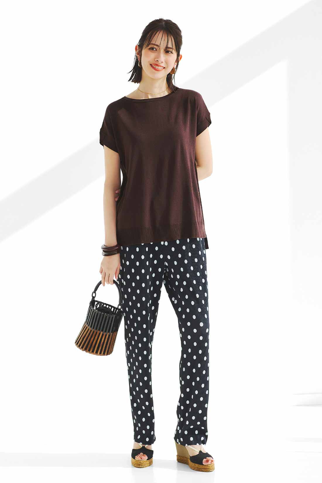 IEDIT|接触冷感 軽やか デザイン フレンチスリーブ ニット の会のコーディネート