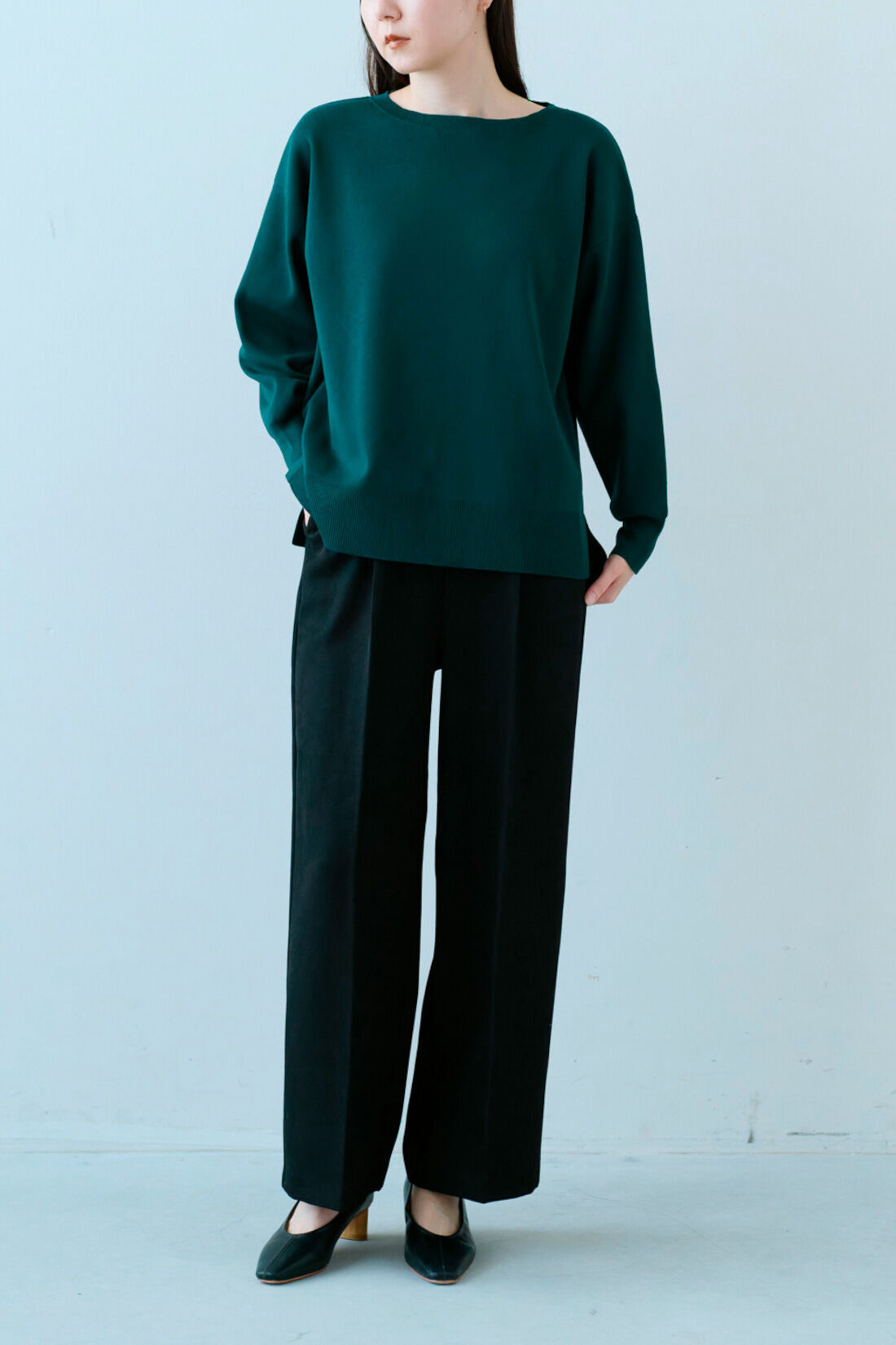 IEDIT［イディット］|IEDIT[イディット]　ツイル素材のオンオフきれいなすっきり見えワイドパンツ〈ブラック〉|モデル身長：163cm　着用サイズ：M