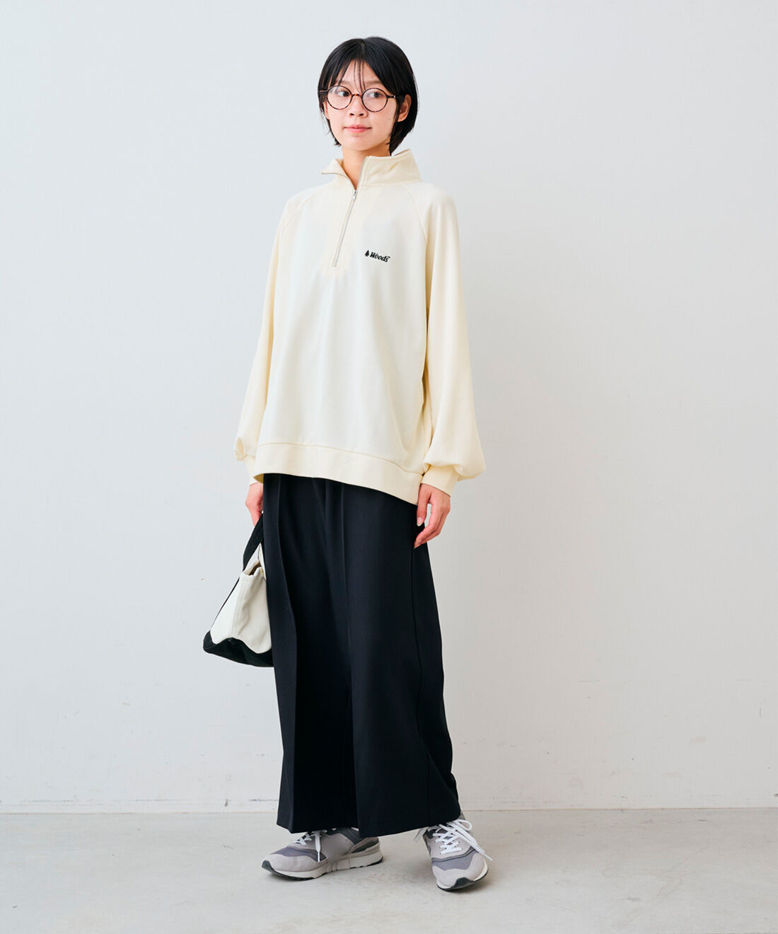 IEDIT|IEDIT[イディット]　WOODSコラボ ハーフジップ ラグランプルオーバー|モデル身長：163cm　着用サイズ：M