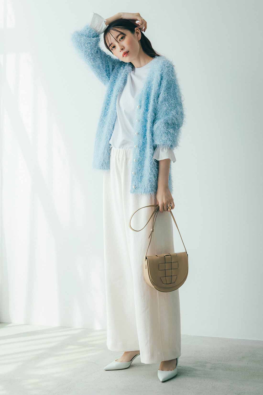 IEDIT|ブークレーヤーン ダブルフェイスカットソー こなれ見え きれいめ ワイドパンツ〈オフホワイト〉のコーディネート