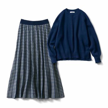 着まわし便利 ニットトップス ジャカードスカート ベストバランスセット〈ネイビー〉