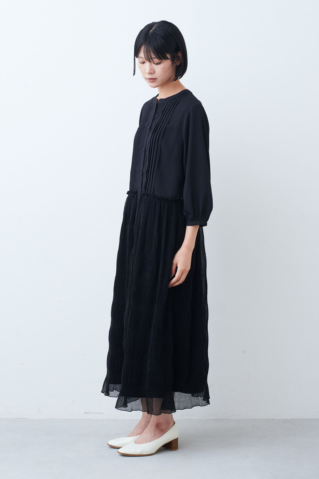 IEDIT［イディット］|IEDIT[イディット]　ドレスライクな楊柳（ようりゅう）シアードッキングワンピース〈ブラック〉|モデル身長：164cm　着用サイズ：M