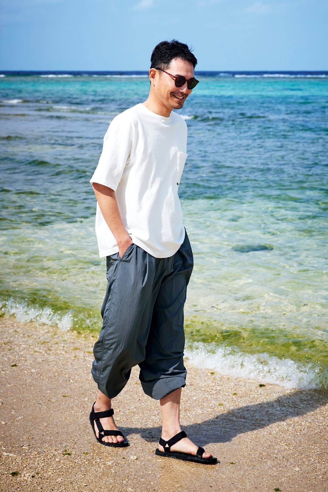 Sunny clouds［サニークラウズ］|サニークラウズ　くじらの船長Tシャツ〈メンズ〉|身長184cm/トップスLサイズ/ボトムスLサイズ