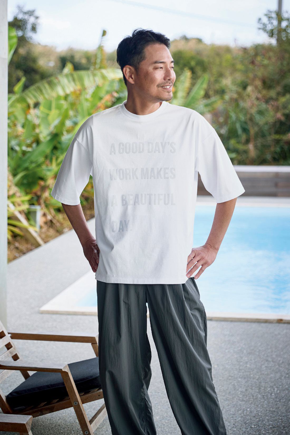 Sunny clouds［サニークラウズ］|サニークラウズ　ビューティフルデイTシャツの会〈メンズ〉|身長184cm/トップスLサイズ/ボトムスLサイズ