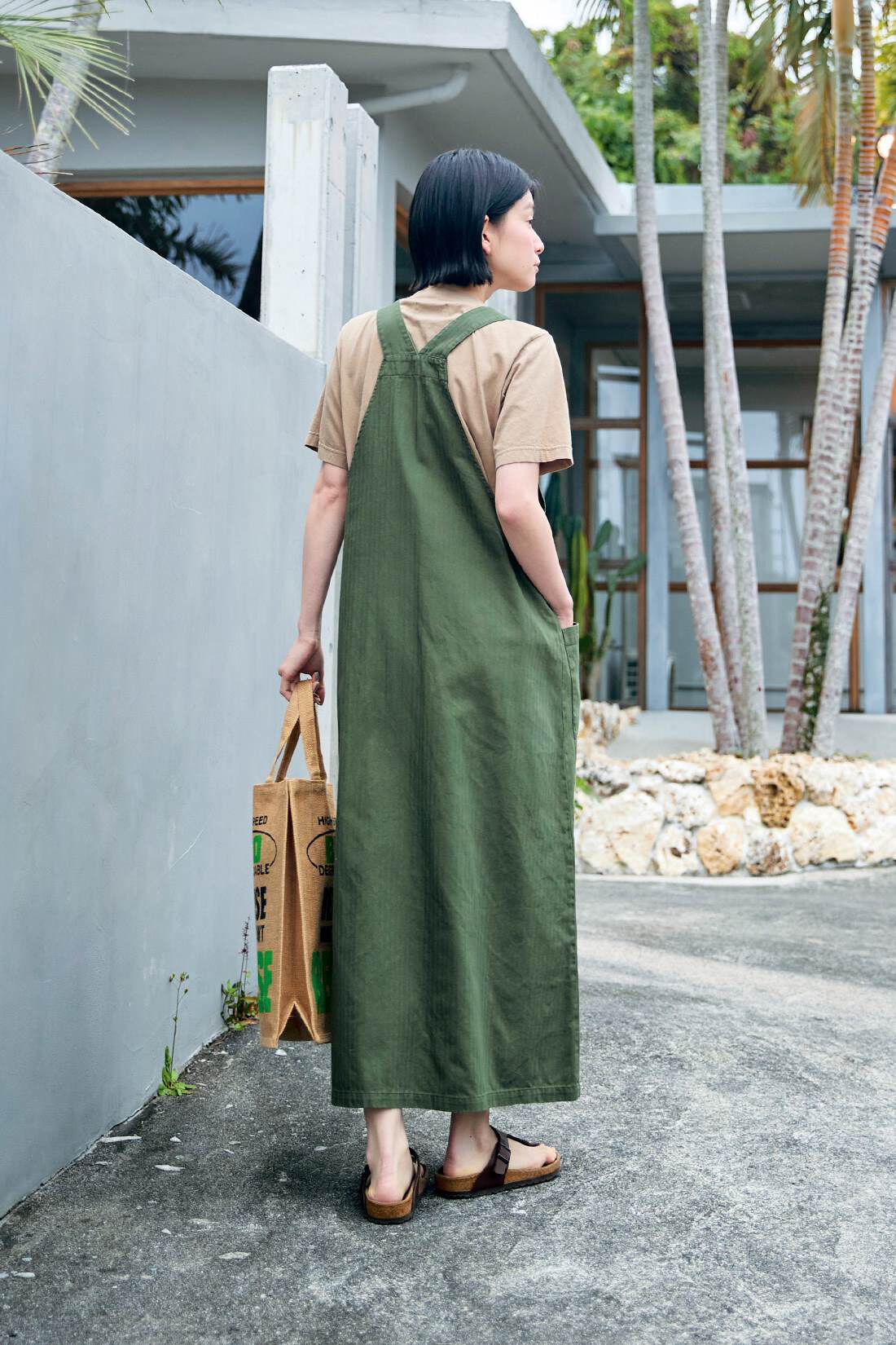 Sunny clouds［サニークラウズ］|サニークラウズ　エプロンワンピースセット〈レディース〉カーキ|身長162cm/ワンピースMサイズ