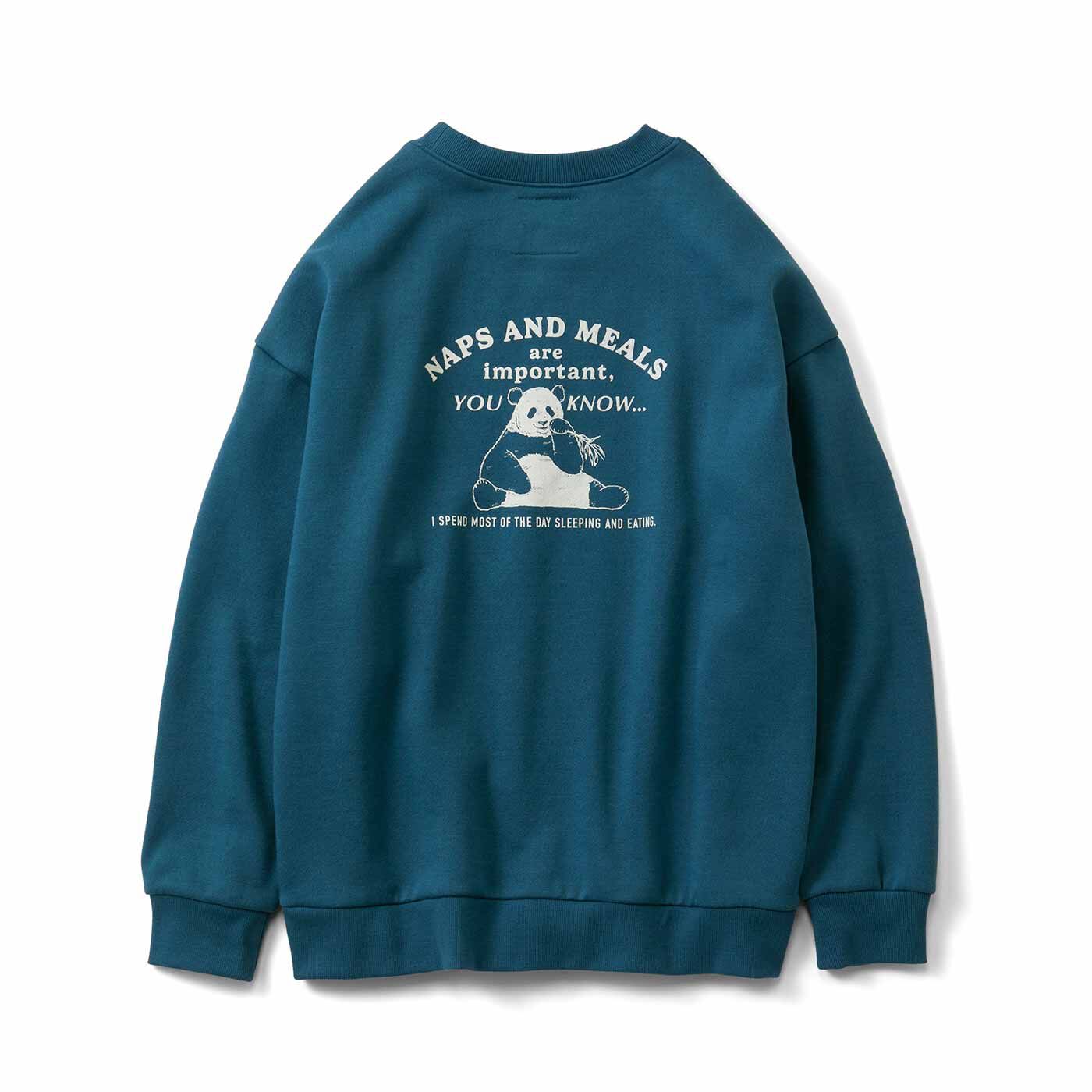 YOU+MORE!|YOU＋MORE！ パンダマインドで暮らす メッセージプリントトレーナーの会|〈ブルーグリーン〉　Message　睡眠と食事は大事だよ / ぼくは一日のほとんどを寝て食べて過ごすよ