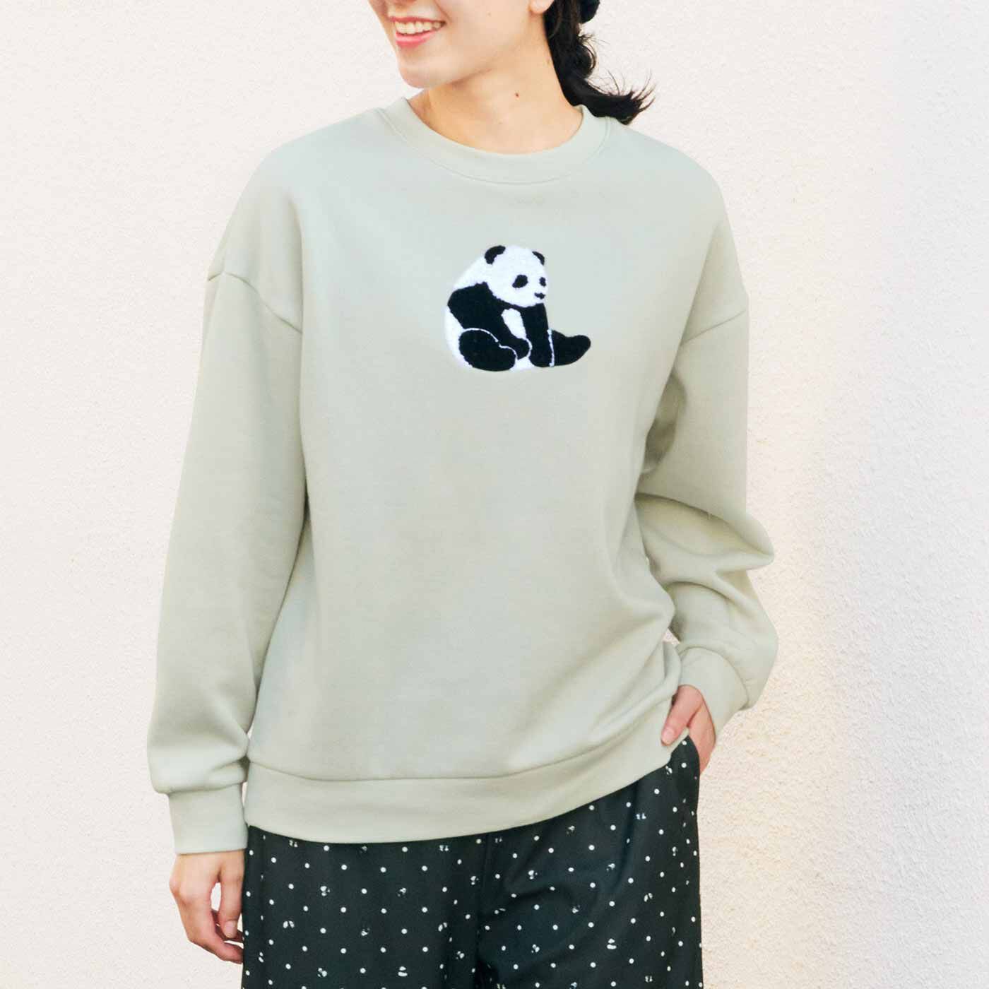 YOU+MORE!|YOU＋MORE！ パンダ大好き もこもこ刺しゅう裏起毛トレーナー〈スモーキーミント〉