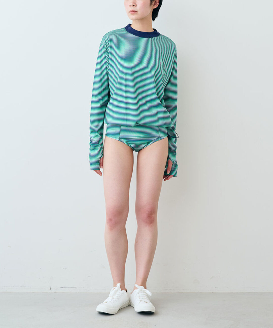 シロップ．特急便|【WEB限定・3～10日でお届け】miller ボーダーラッシュガード〈グリーン〉【シロップ．バスケット】|モデル身長:163cm