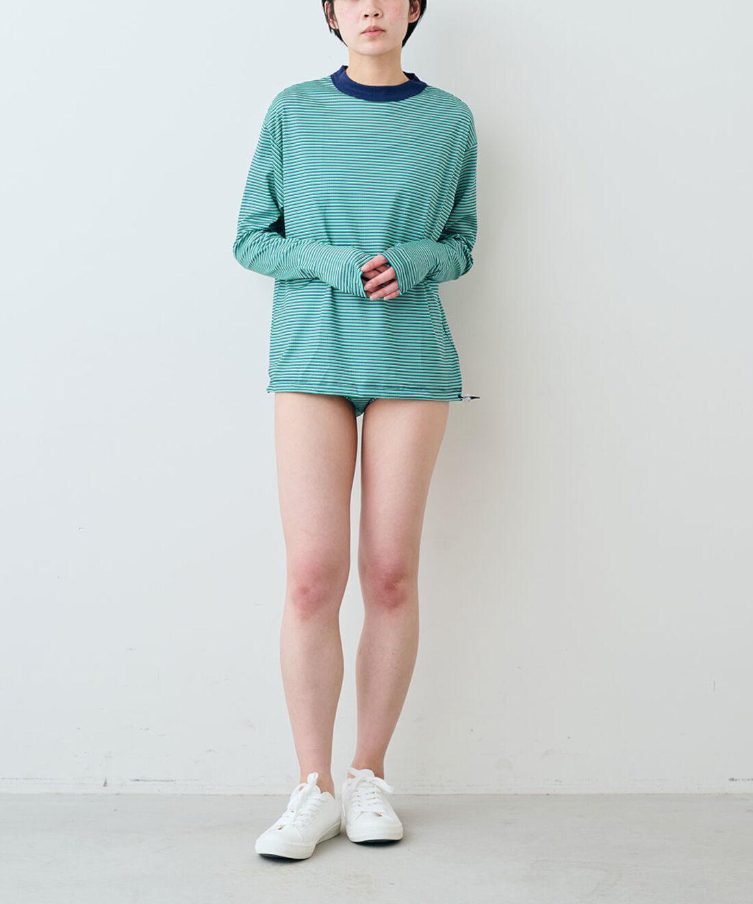 シロップ．特急便|【WEB限定・3～10日でお届け】miller ボーダーラッシュガード〈グリーン〉【シロップ．バスケット】|モデル身長:163cm