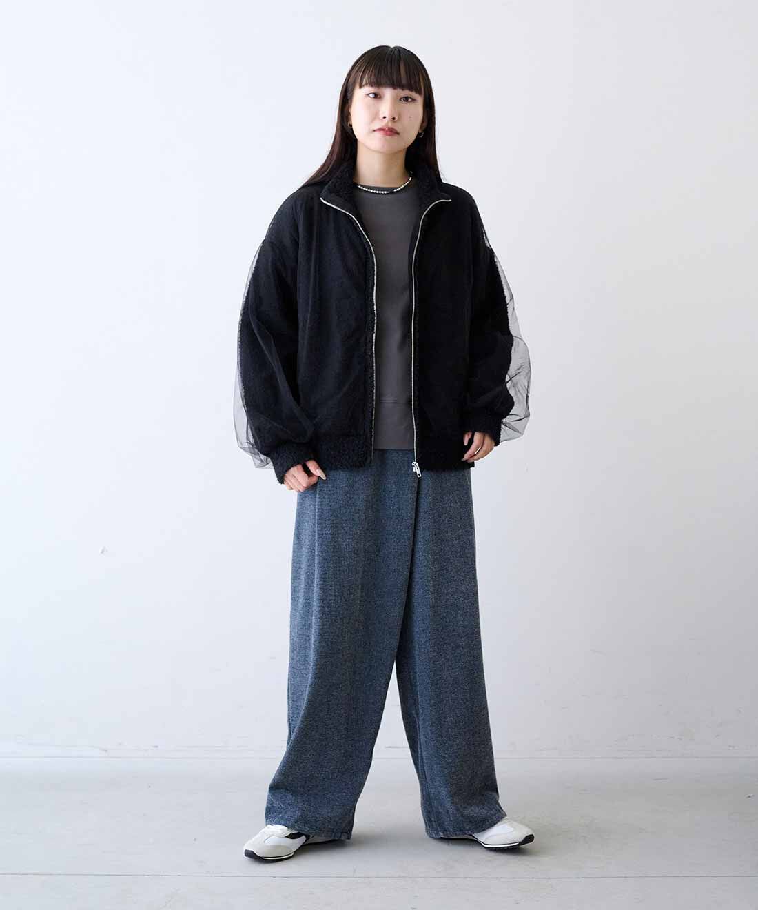 MEDE19F|チュールレイヤードスウィングトップニット〈ブラック〉と吸湿発熱コットン裏起毛トップスの会と吸湿発熱コットン裏起毛トップスの会のコーディネート