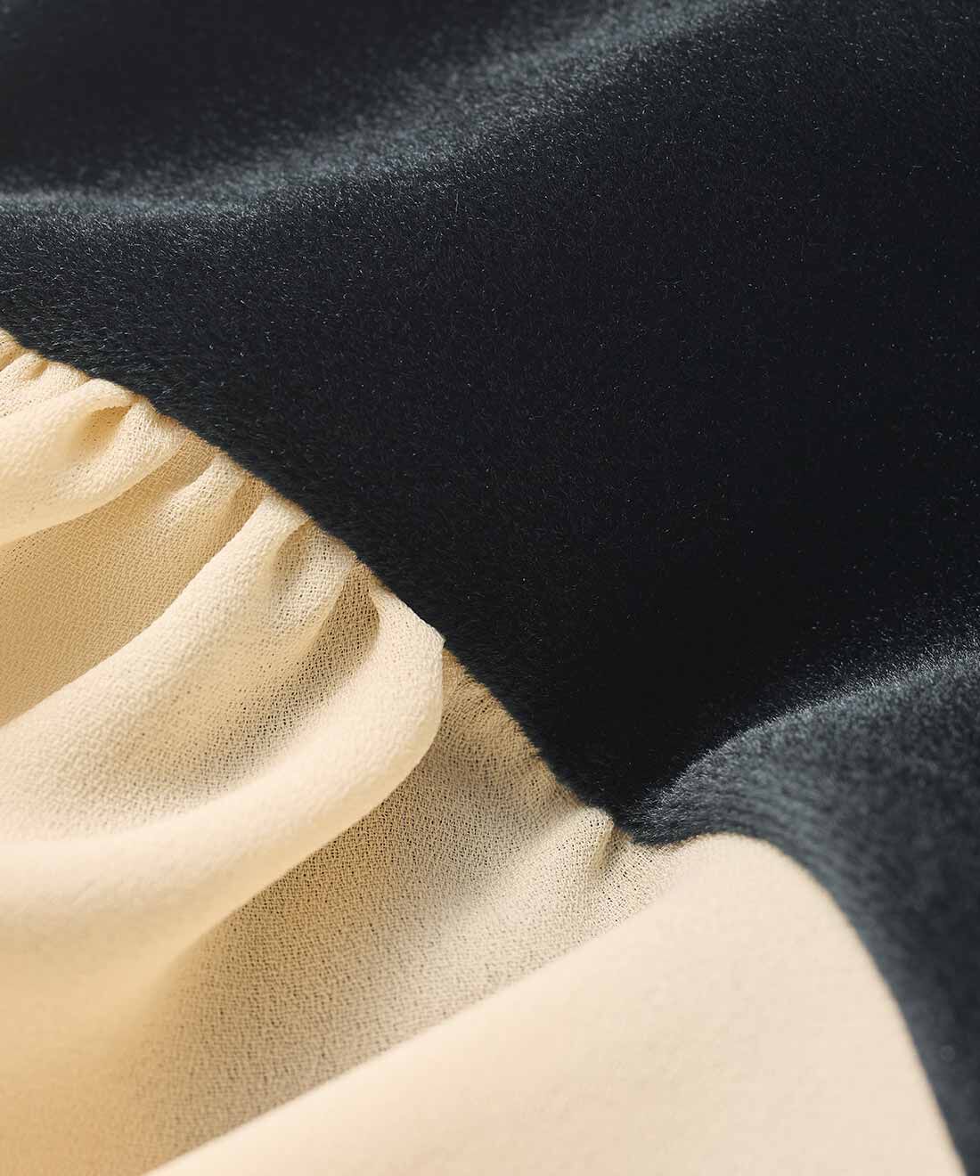 MEDE19F [メデ・ジュウキュウ]|MEDE19F 高山都さんコラボ バイカラーオールインワン〈ブラック〉|身ごろは伸縮性のある滑らかなベロアカットソー。袖は繊細な表情のシフォンジョーゼットで大人っぽく。