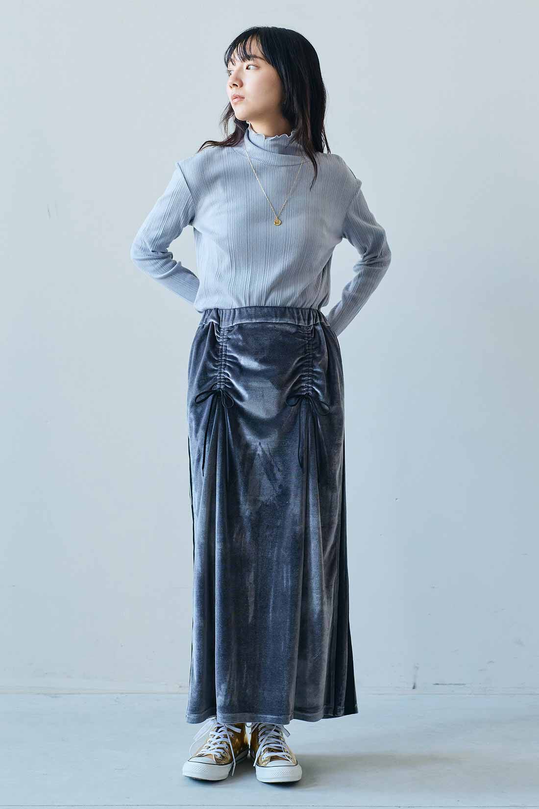 MEDE19F|MEDE19F　コットンリブハイネックトップスの会|モデル身長：163cm　着用サイズ：M