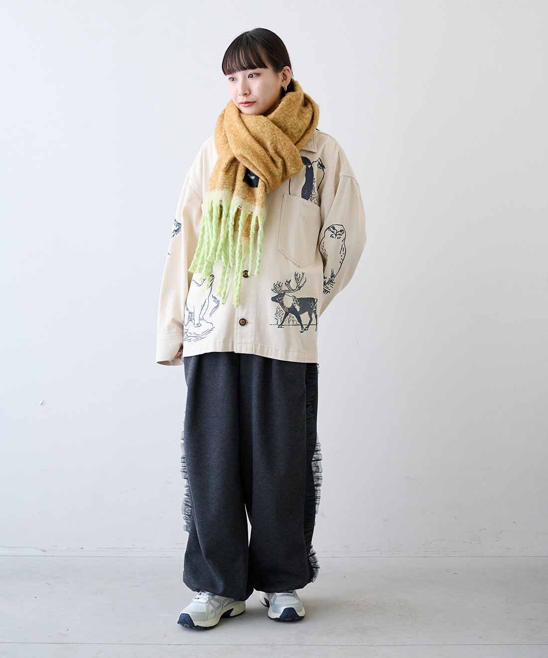 MEDE19F|旭山動物園・ボルネオの森応援商品 動物柄ワークジャケット〈オフホワイト〉とサイドラインフリルエアロゲルカットソーパンツのコーディネート