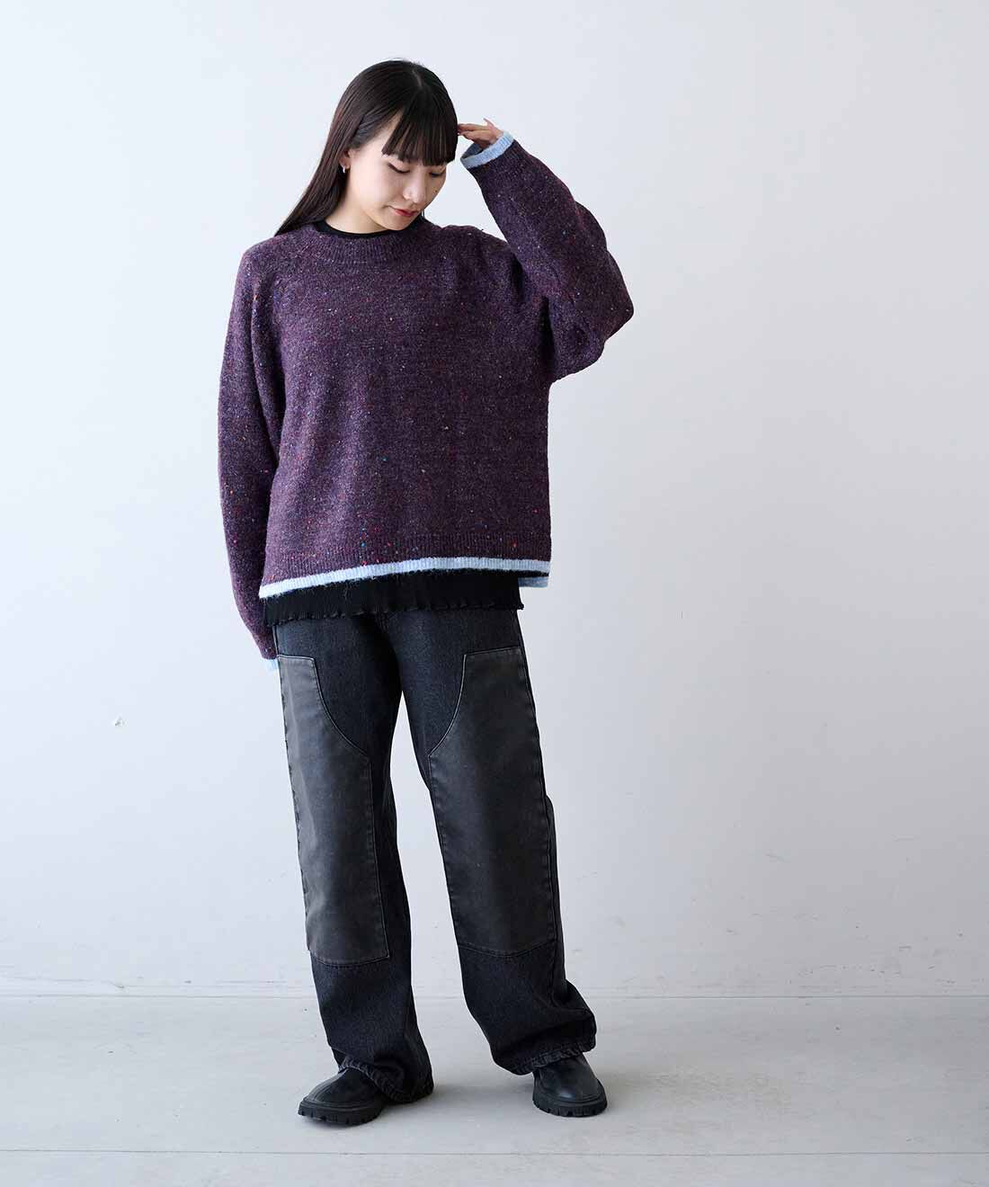 MEDE19F|配色ライン カラフルネップニットの会と配色ライン遣い カラフルネップニットの会とプリーツドッキングトップスの会と合皮パッチ ダブルニーパンツ〈ブラック〉のコーディネート