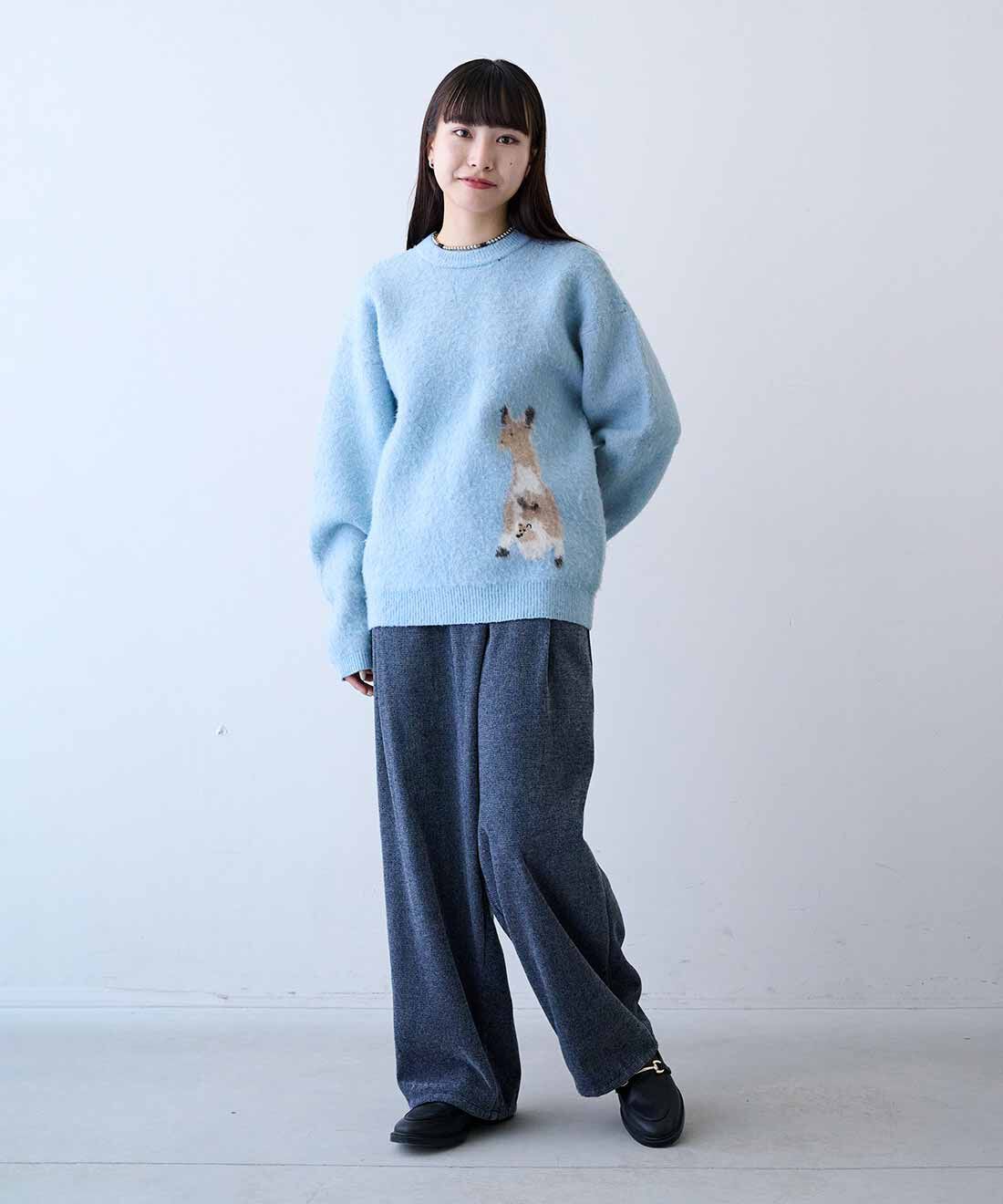 MEDE19F|ミックスへリンボン素材 オーバーサイズブルゾン〈ブラウンツィード〉とUNICOLART　アニマルモチーフニットトップスのコーディネート