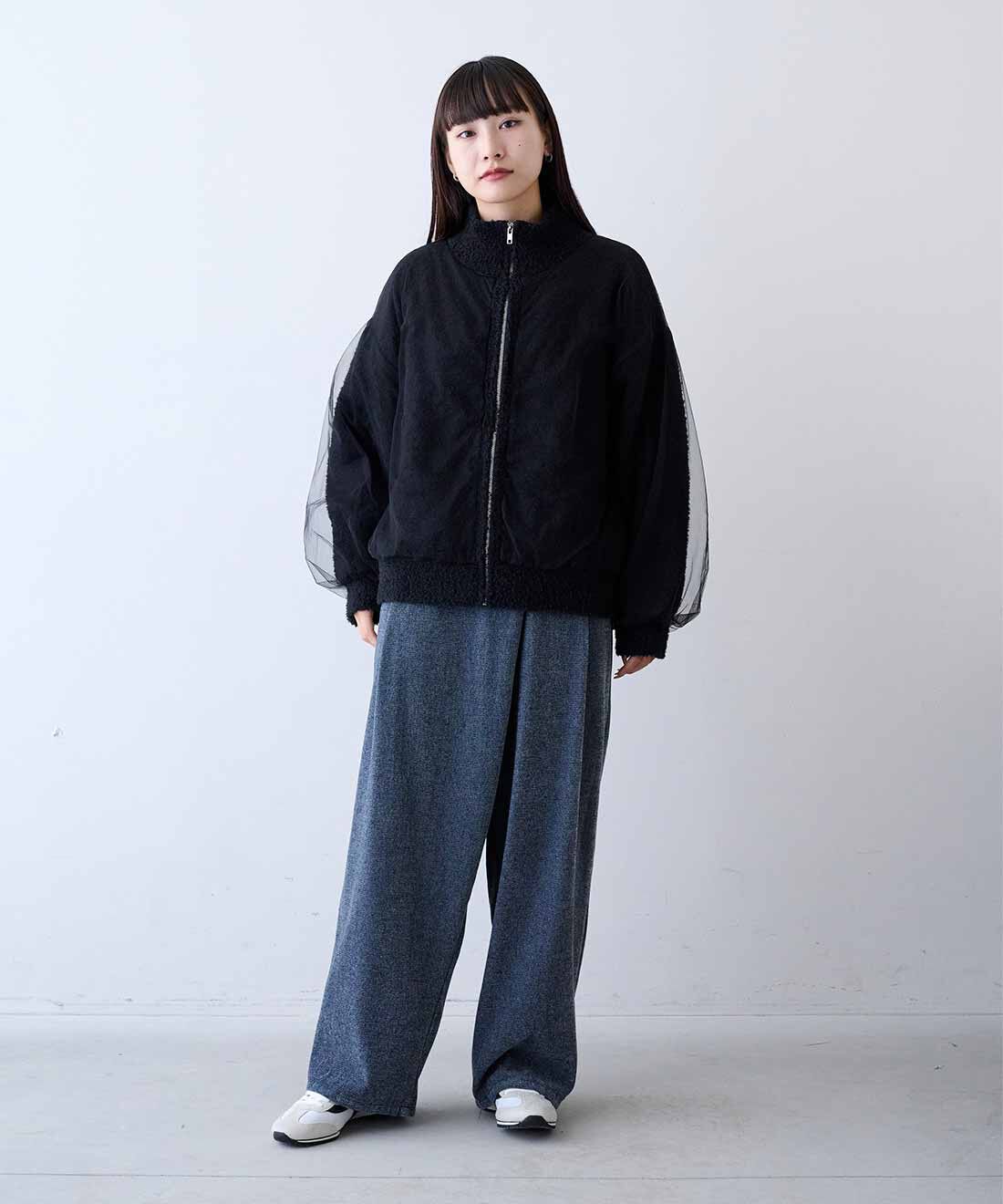 MEDE19F|MEDE19F　ラップデザイン 裏起毛シェニールデニムパンツ〈ブルー〉|モデル身長：158cm　着用サイズ：M