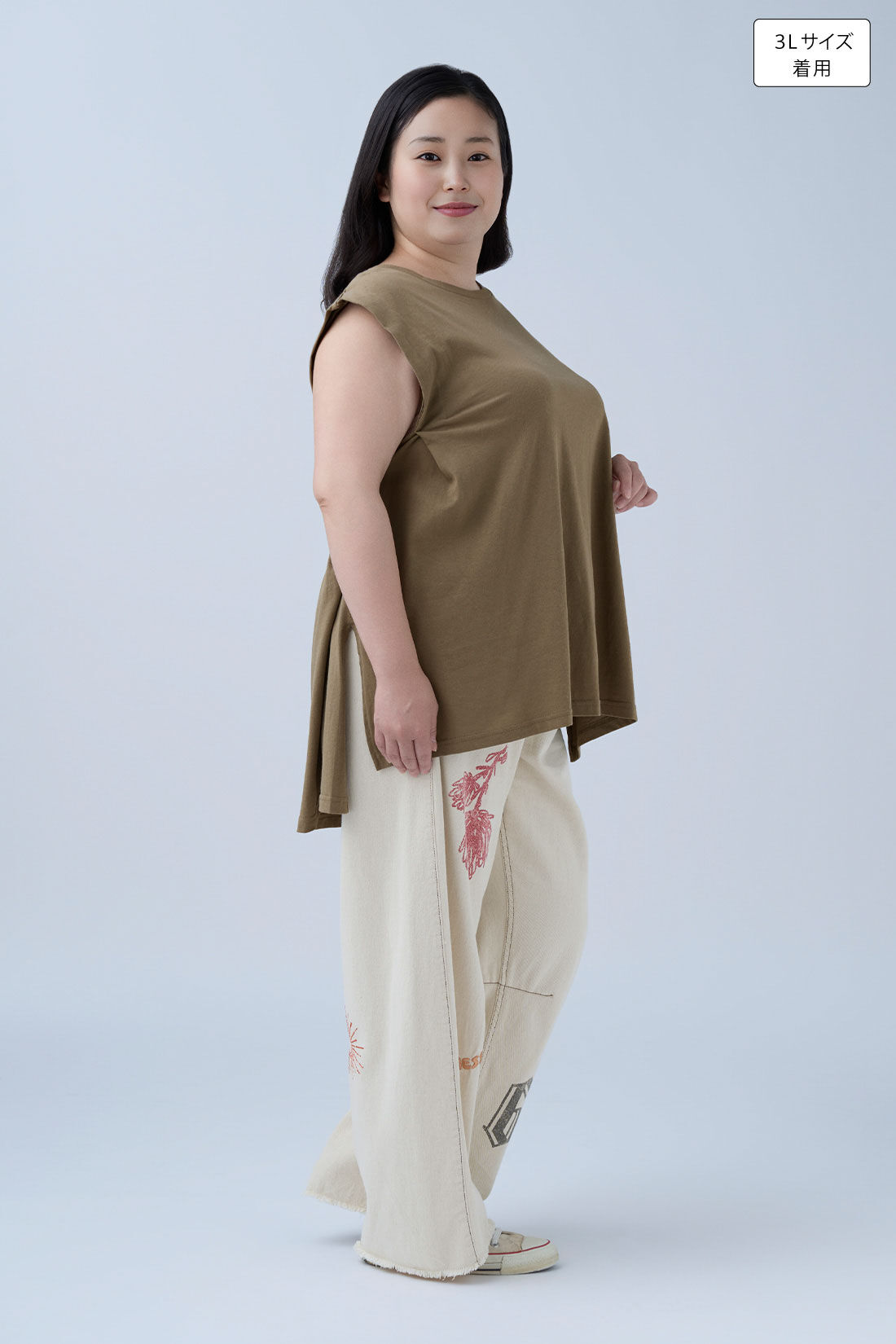 MEDE19F|タック遣い フレンチスリーブコットントップスの会のコーディネート|身長：160cm バスト：113cm ウエスト：90cm ヒップ：115cm 太ももまわり：63cm