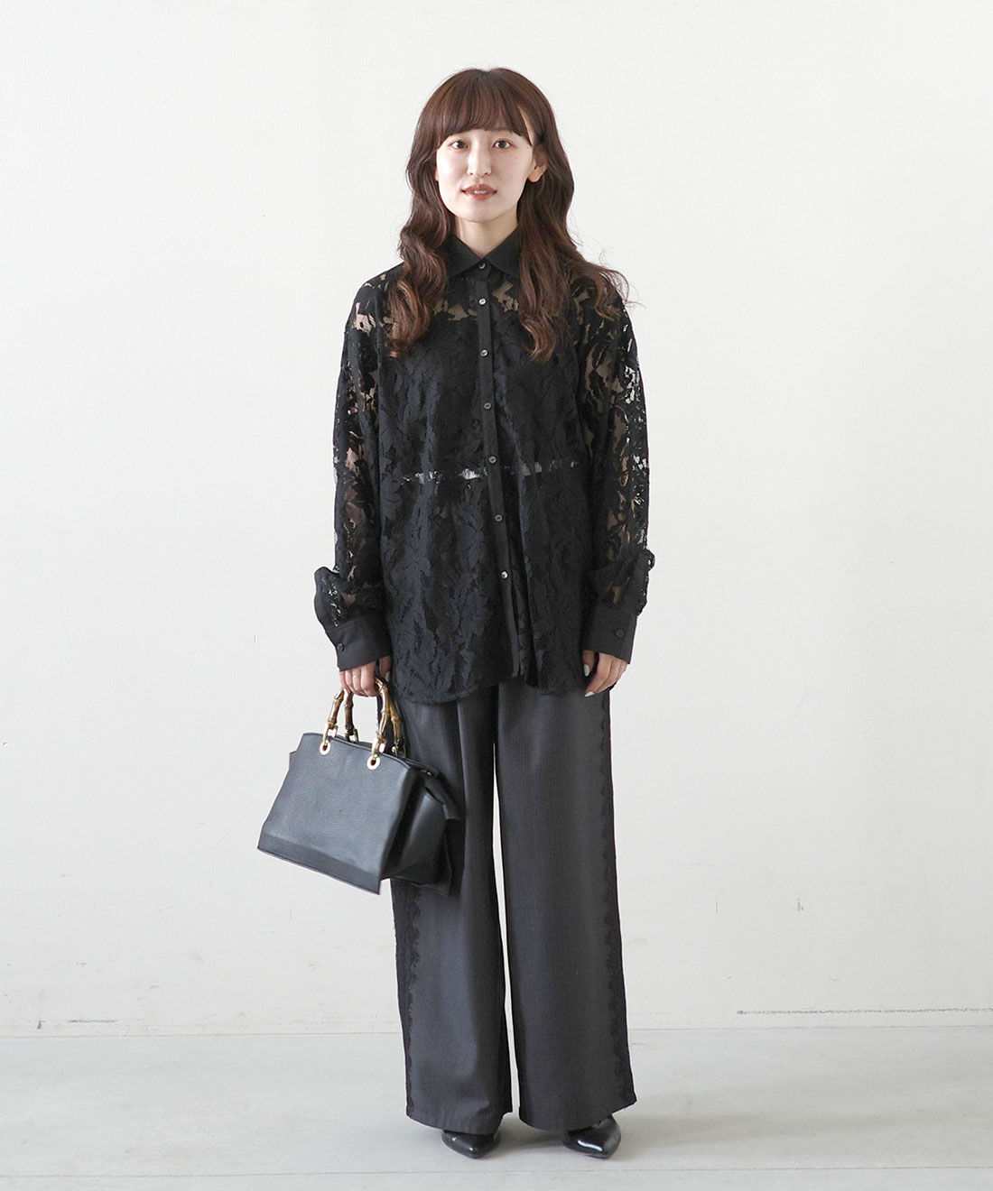 MEDE19F|レースドレスシャツのコーディネート|モデル身長： 156cm　Mサイズ着用