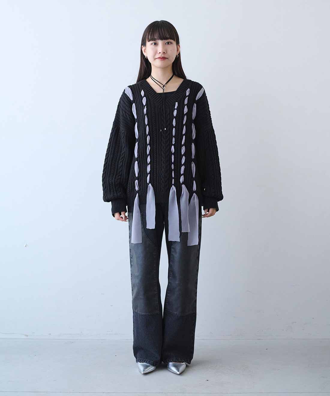 MEDE19F|リボン遣いケーブルニットのコーディネート