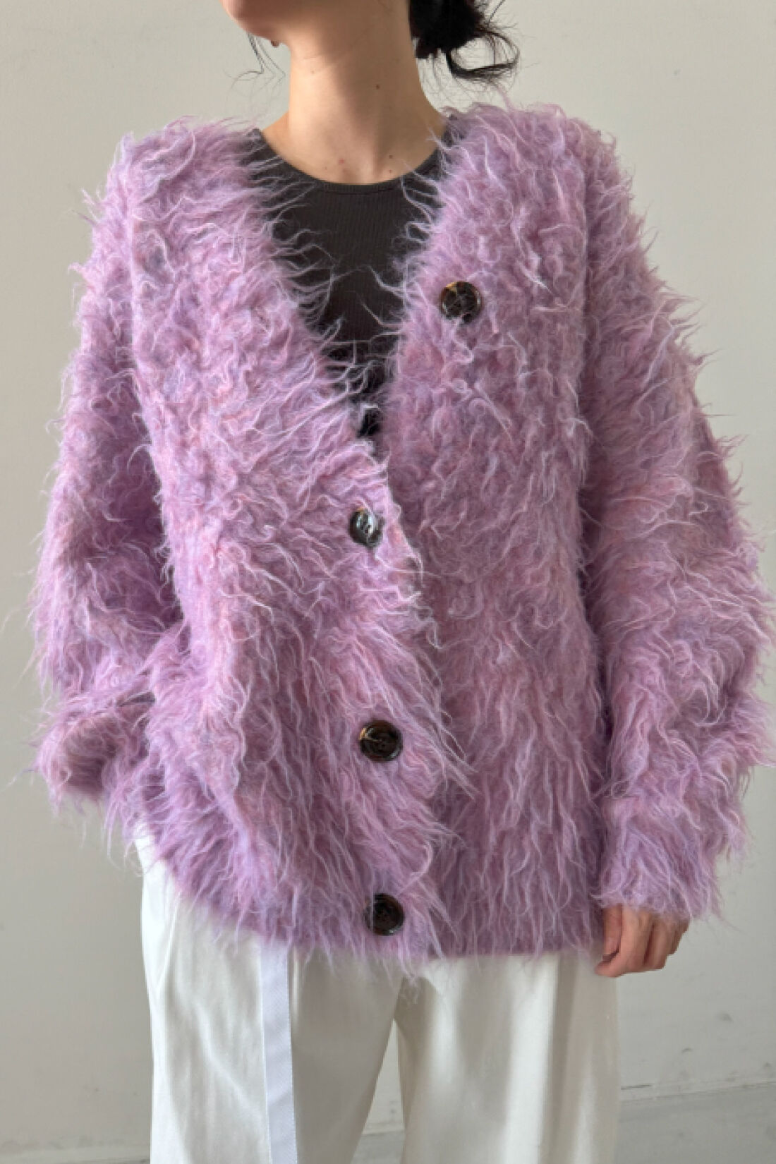 MEDE19F|ドギーヘアーカーディガン〈シェルピンク〉のコーディネート|モデル身長：164cm　着用サイズ：M