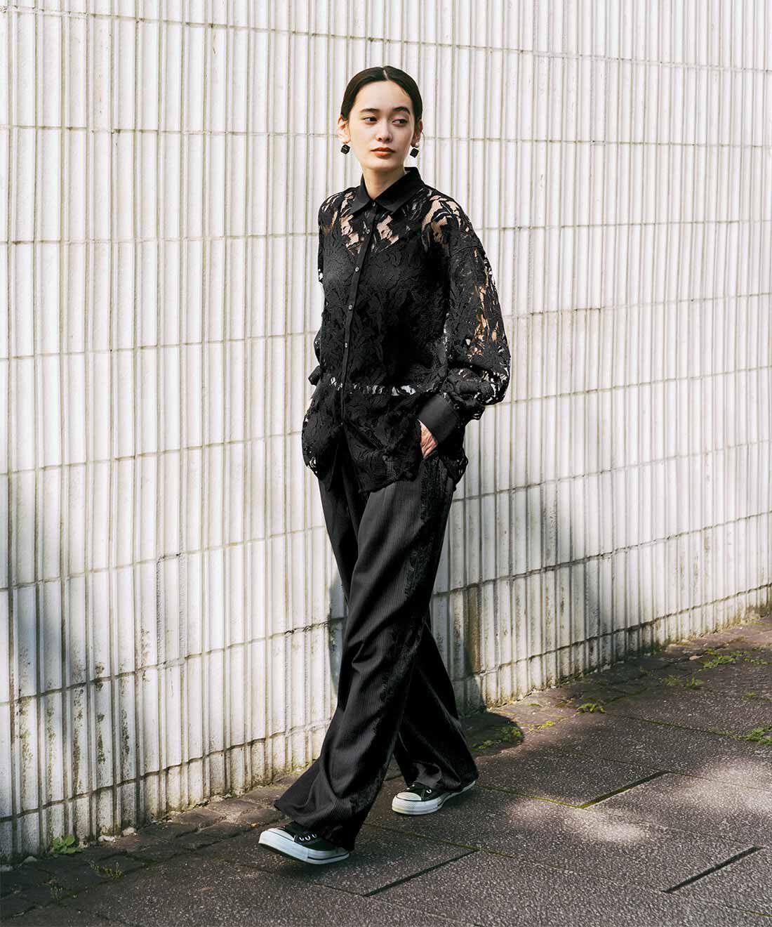 MEDE19F [メデ・ジュウキュウ]|MEDE19F　レース遣いのダブルウエストストライプパンツ〈グレー〉
