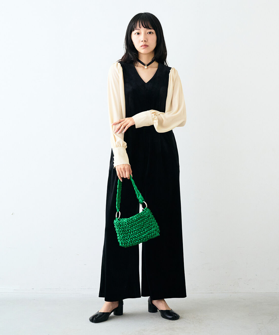 MEDE19F [メデ・ジュウキュウ]|MEDE19F 高山都さんコラボ バイカラーオールインワン〈ブラック〉|モデル身長：163cm　着用サイズ：M