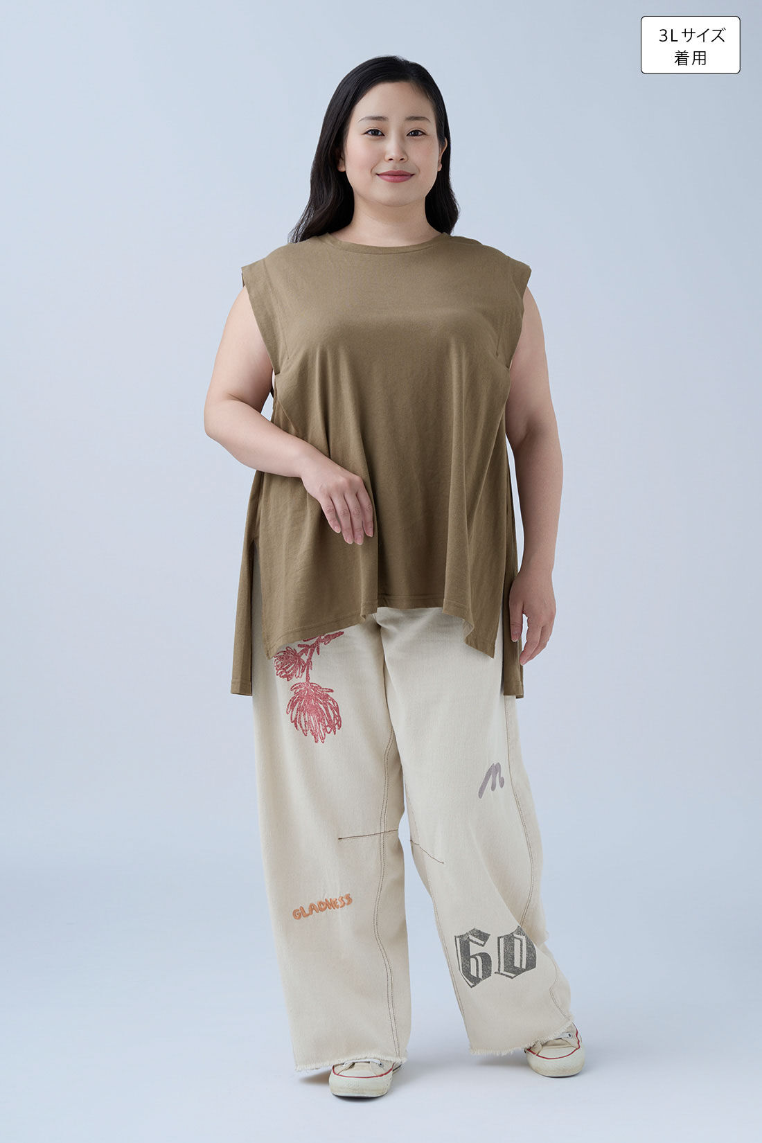 MEDE19F|タック遣い フレンチスリーブコットントップスの会のコーディネート|身長：160cm バスト：113cm ウエスト：90cm ヒップ：115cm 太ももまわり：63cm