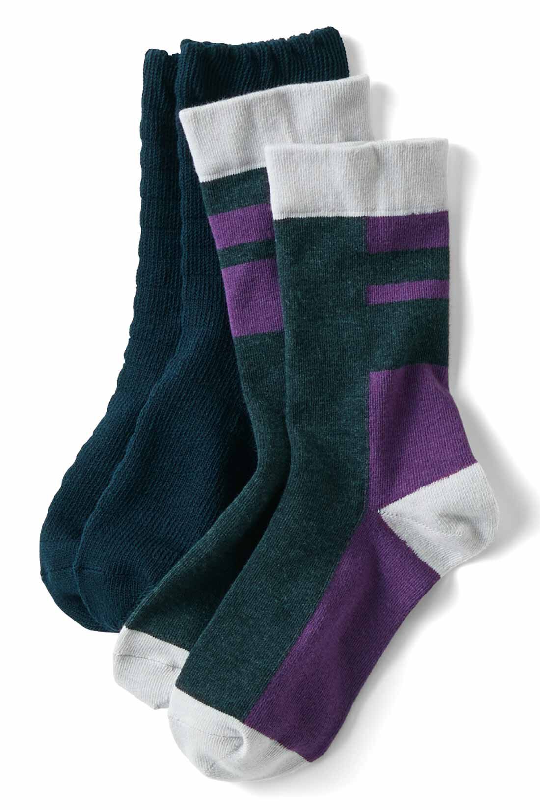 THREE FIFTY STANDARD|THREE FIFTY STANDARD 配色切り替えと編み柄ボーダーソックスセットの会|パープル&times;ブラック