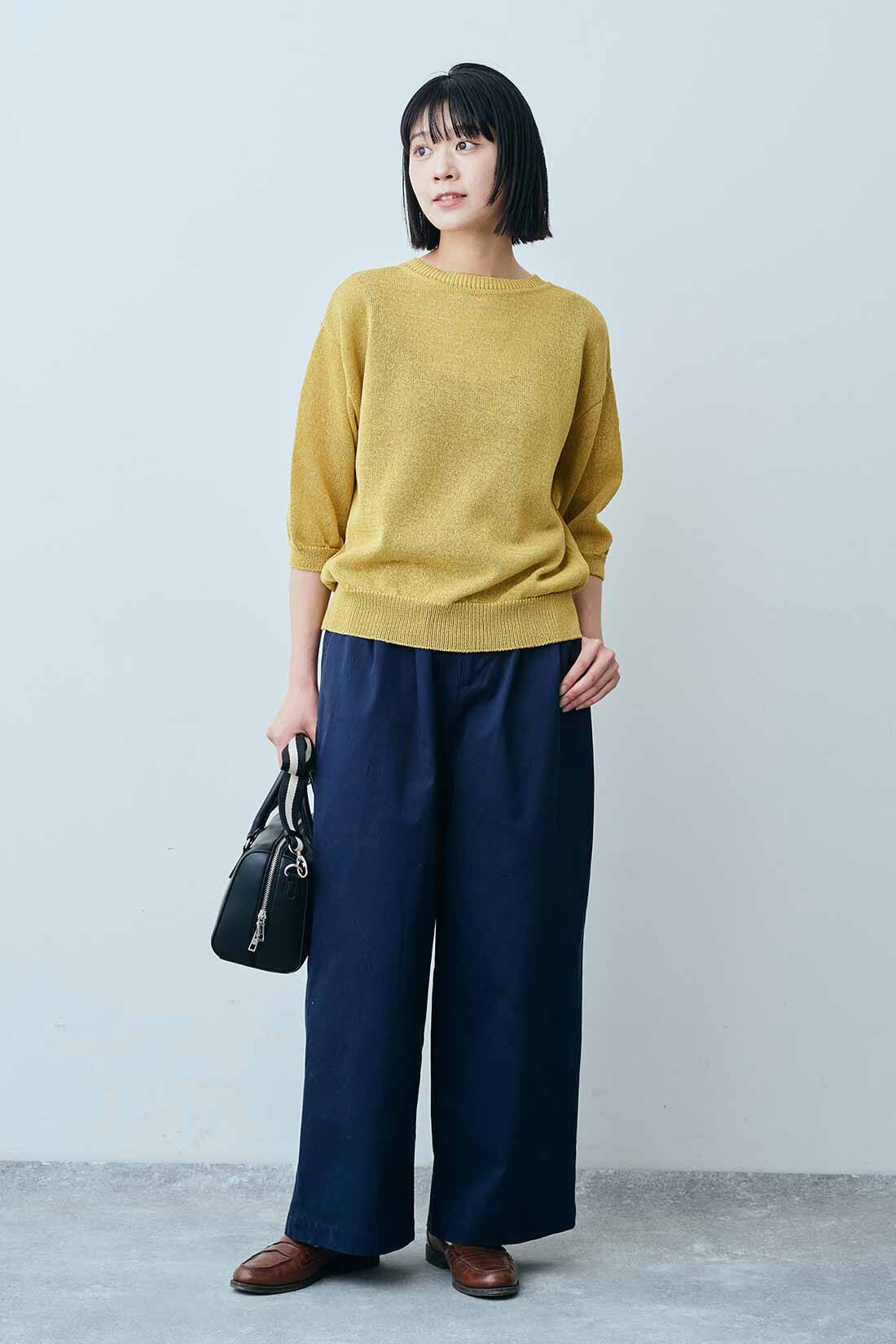 THREE FIFTY STANDARD|和紙混 2-WAY トップス〈マスタード〉のコーディネート|モデル身長：163cm 着用サイズ：M