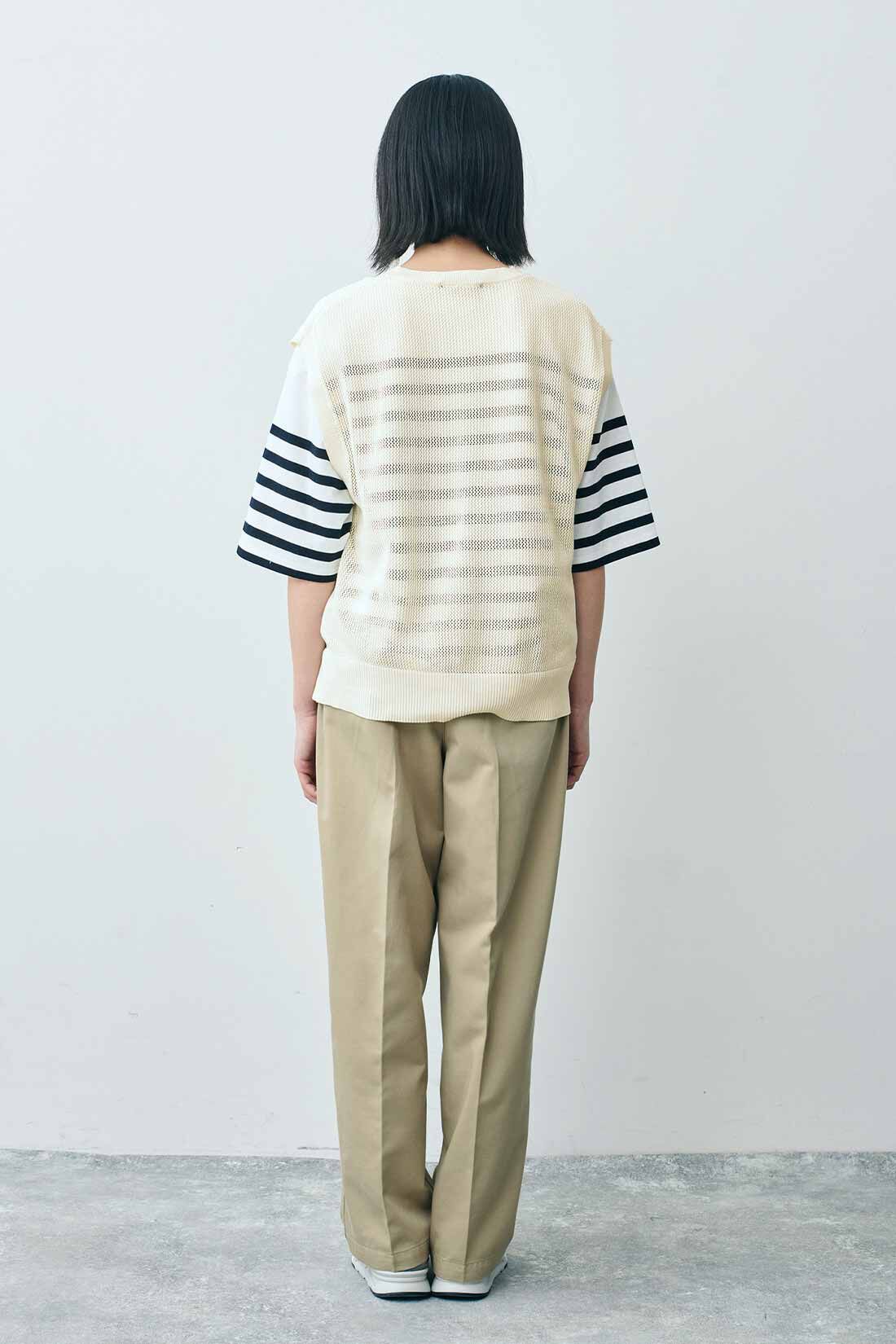 THREE FIFTY STANDARD|重ねてサマになるニットベストＷＨ　ＴＦＳとパネルボーダーＴシャツ　ＴＦＳのコーディネート|モデル身長：163cm 着用サイズ：M