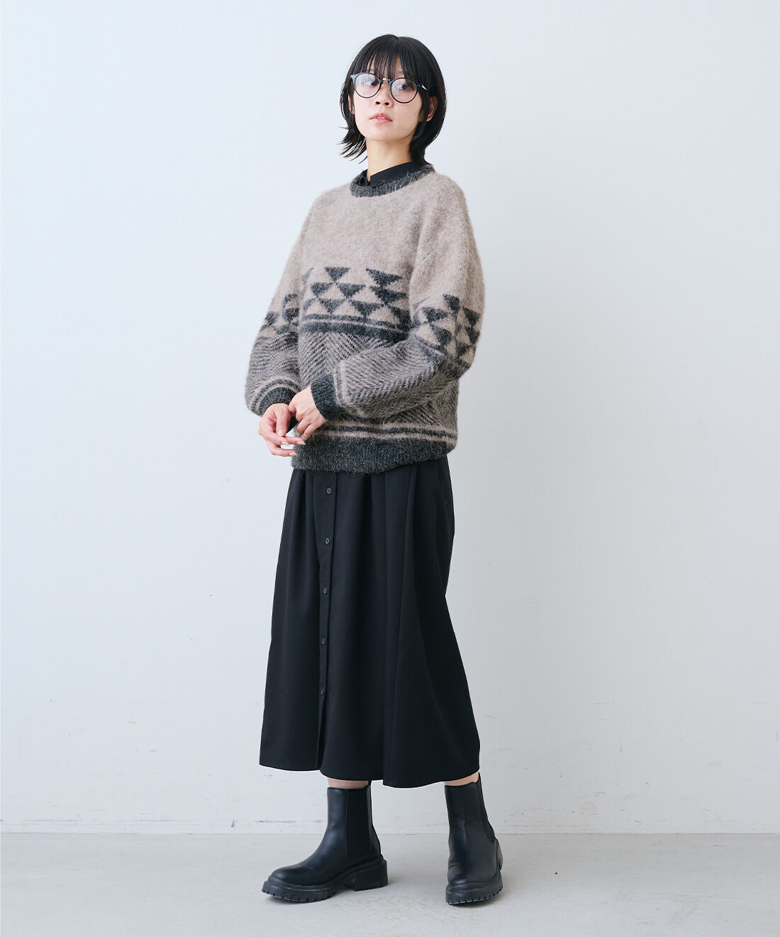 THREE FIFTY STANDARD|THREE FIFTY STANDARD　ふんわりジャカードニットセーター〈ブラウンベージュ〉|モデル身長：163cm　着用サイズ：M