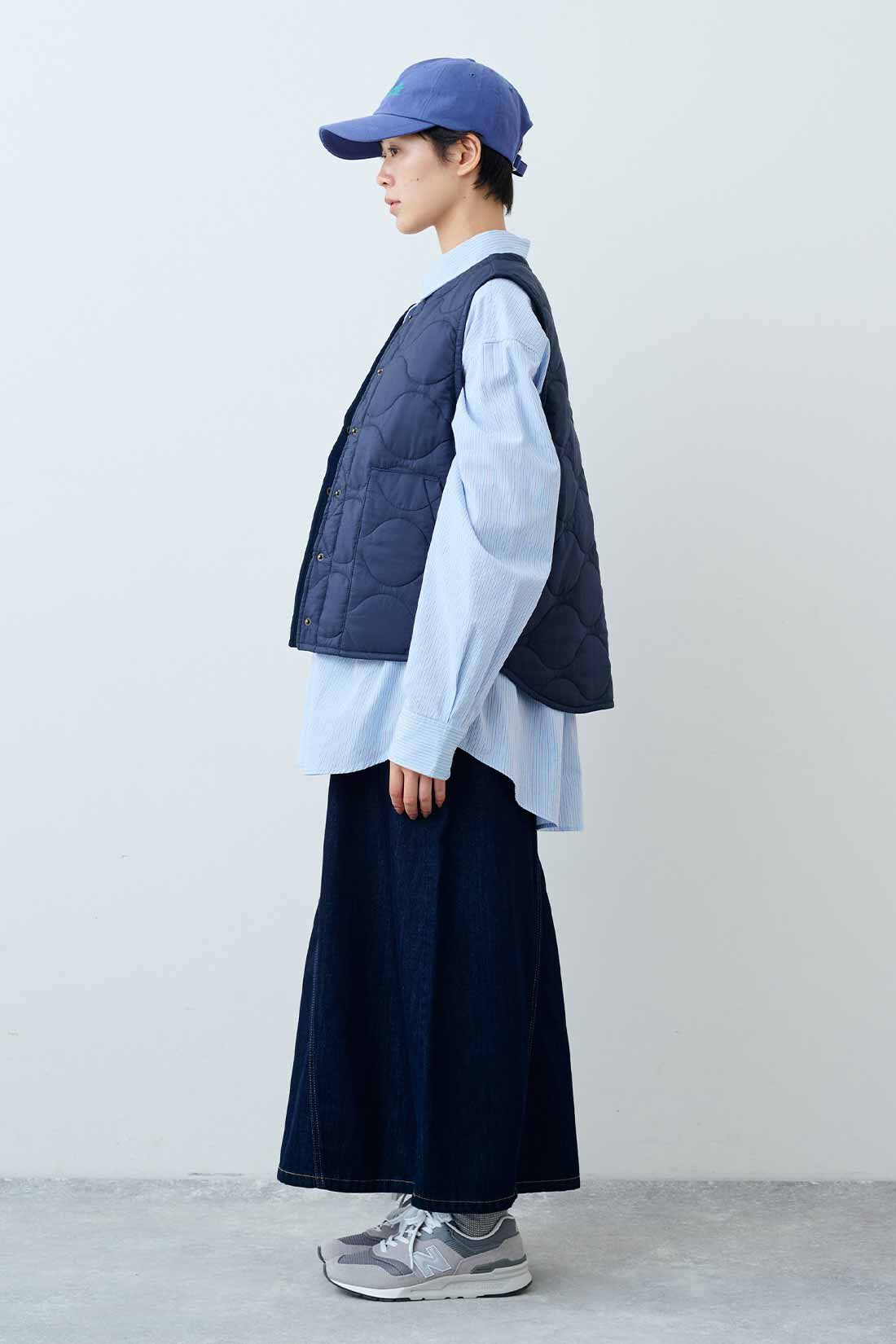 THREE FIFTY STANDARD|小谷 実由さんと作った ストライプのシャツ〈ブルー〉のコーディネート|モデル身長：163cm 着用サイズ：M