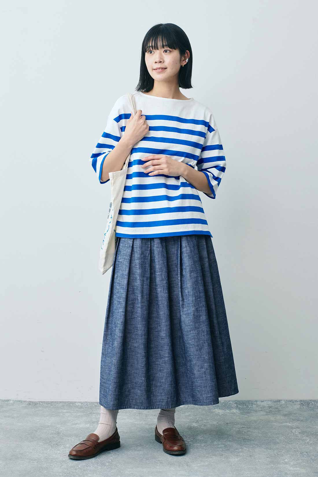 THREE FIFTY STANDARD|パネルボーダーＴシャツ　ＴＦＳのコーディネート|モデル身長：163cm 着用サイズ：M